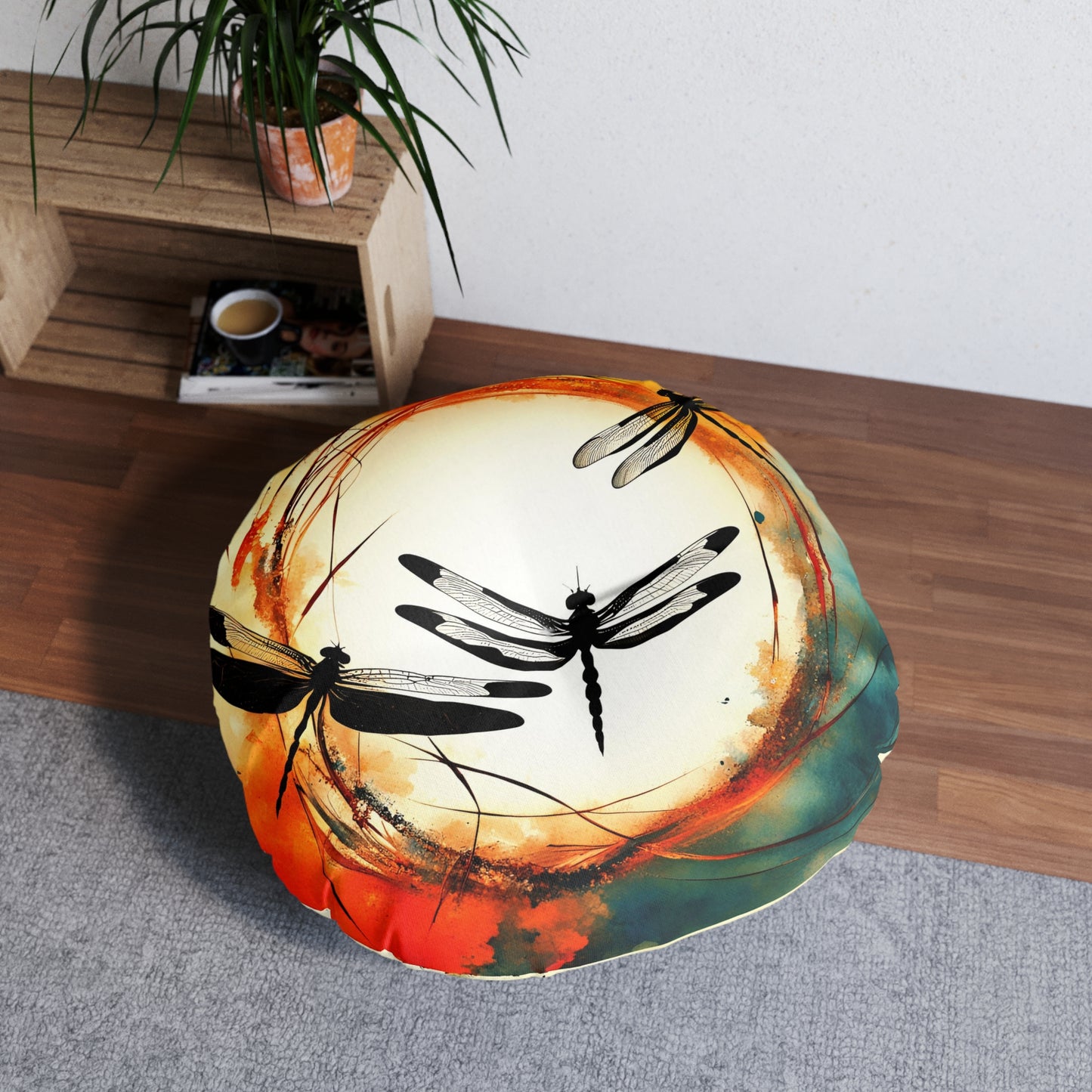 Dragonflies Silhouettes in a colorful Enso circle print on 2 Sided Round Tufted Floor Pillow on floor