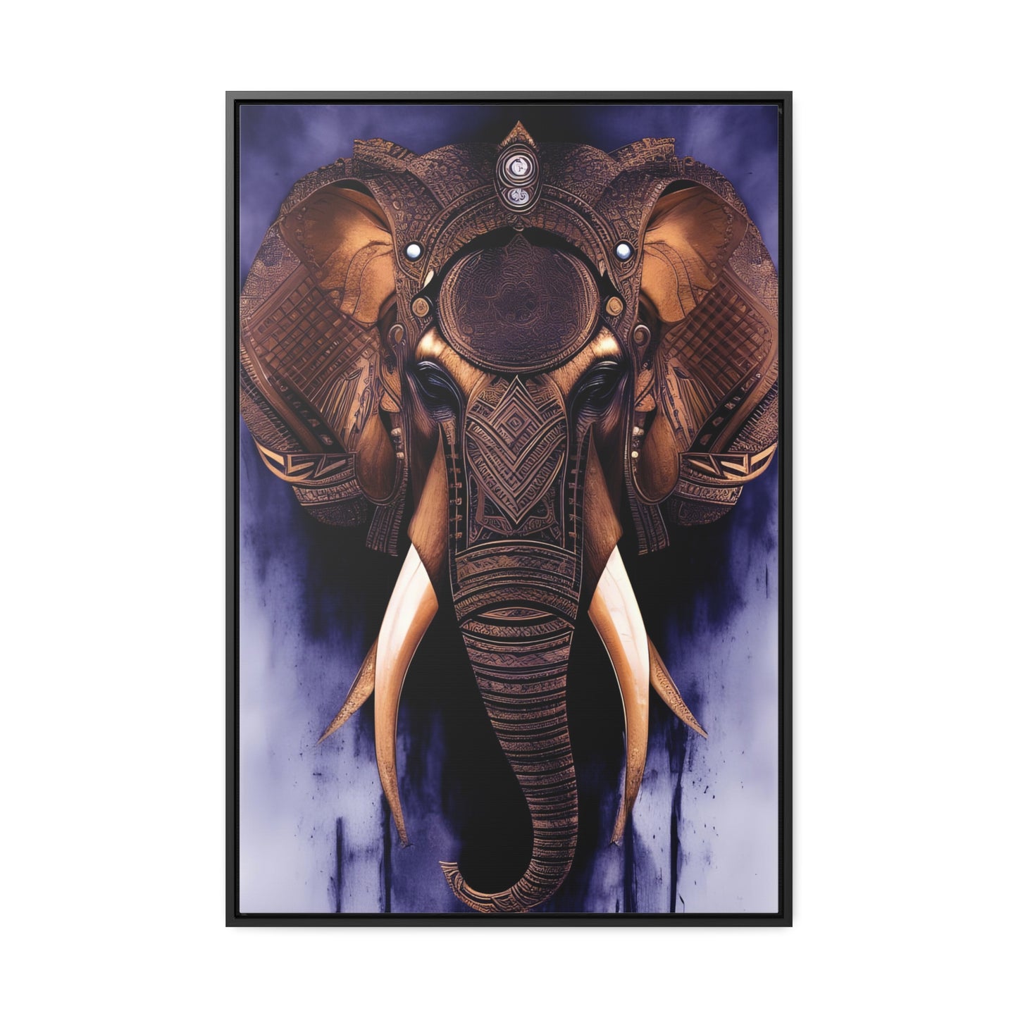 Elephant Themed Modern Wall Art - Tribal Elephant Head on Purple Background Print on Canvas in a Floating Frame