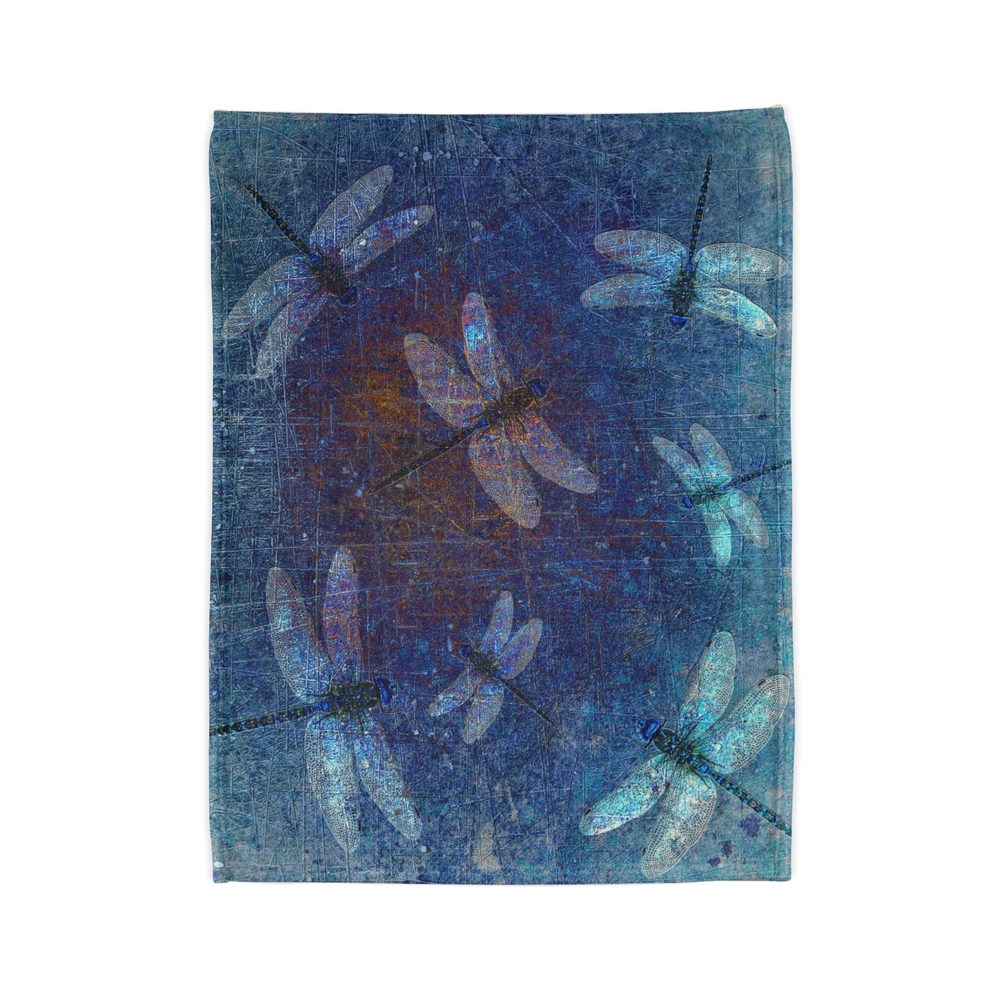 Super soft Dragonfly Minky Blanket: Flight of Dragonflies on Distressed Blue Background