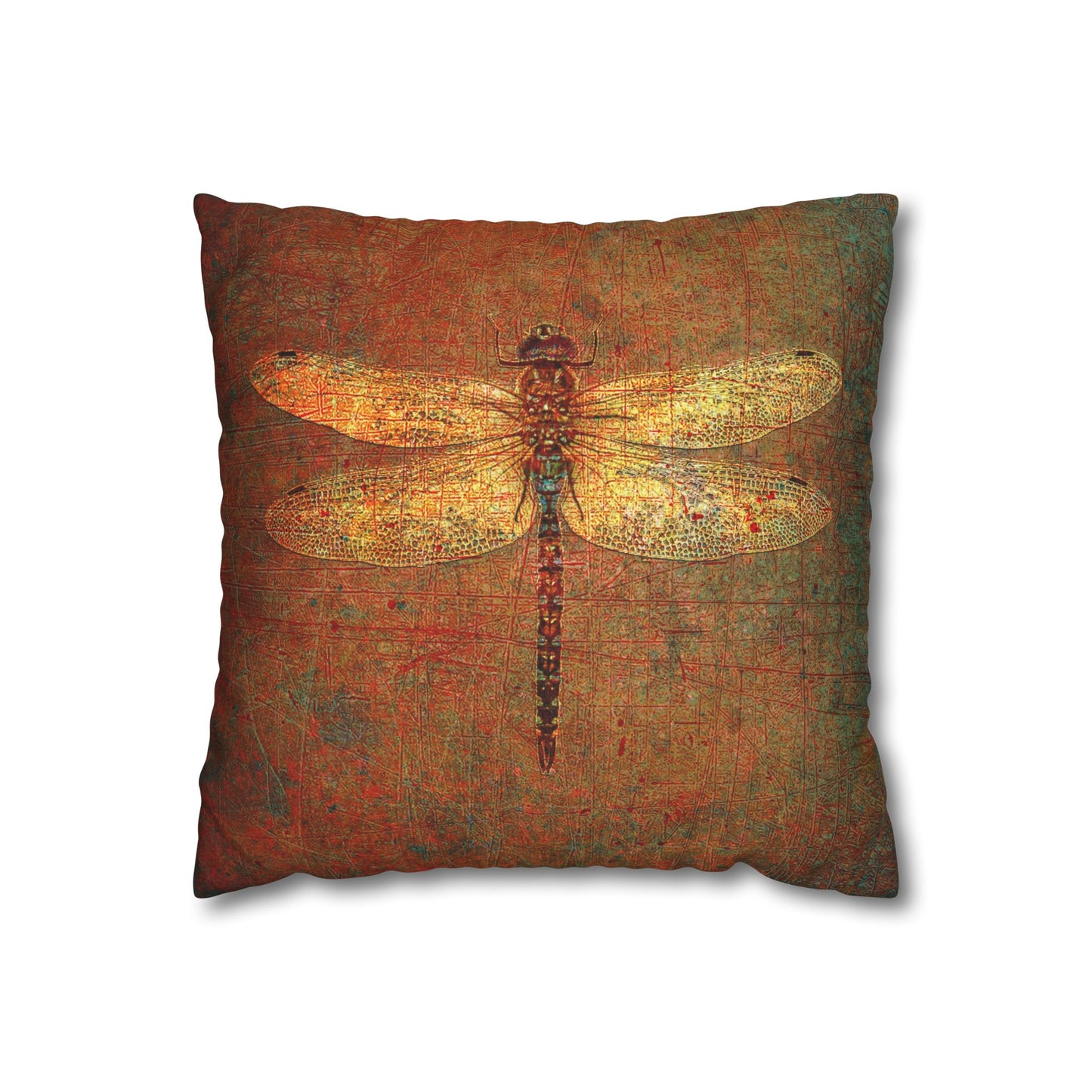 Dragonfly Themed Replacement Pillow Cover, Golden Dragonflies on Orange and Green Background Print