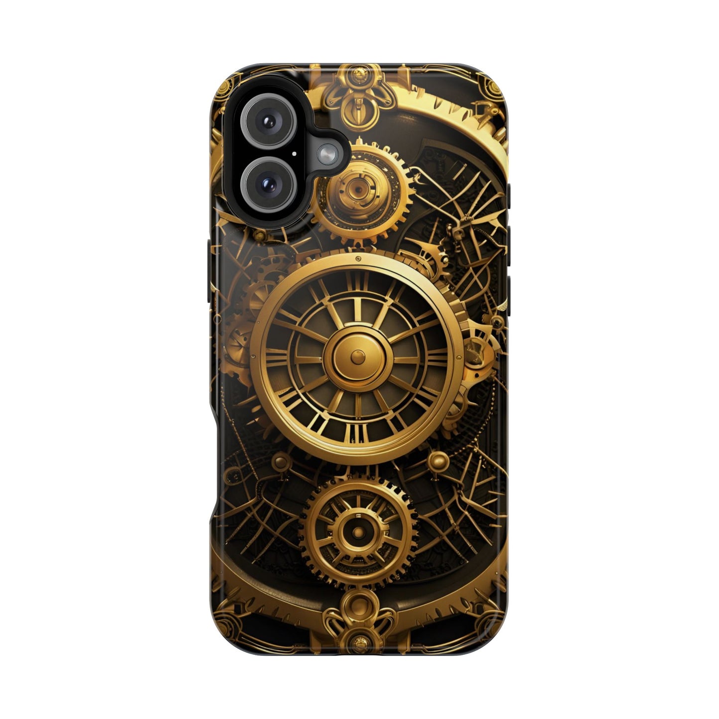 Magnetic Tough Cases for iPhone 16, Art Deco Themed Steampunk Gold and Copper Gears Panel Printed on Phone Case for iPhone 16