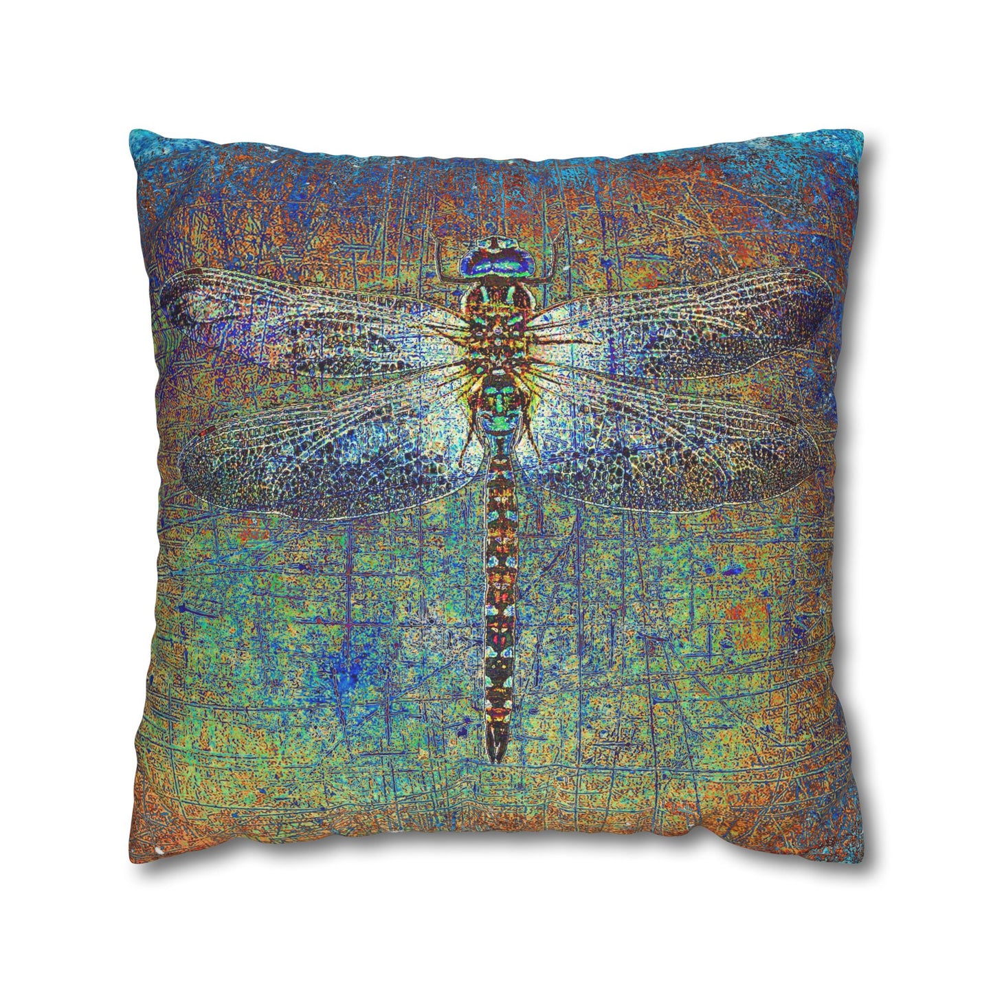 Dragonfly Print Square Pillow Cover, Dragonfly on Multicolor Background Replacement Cover