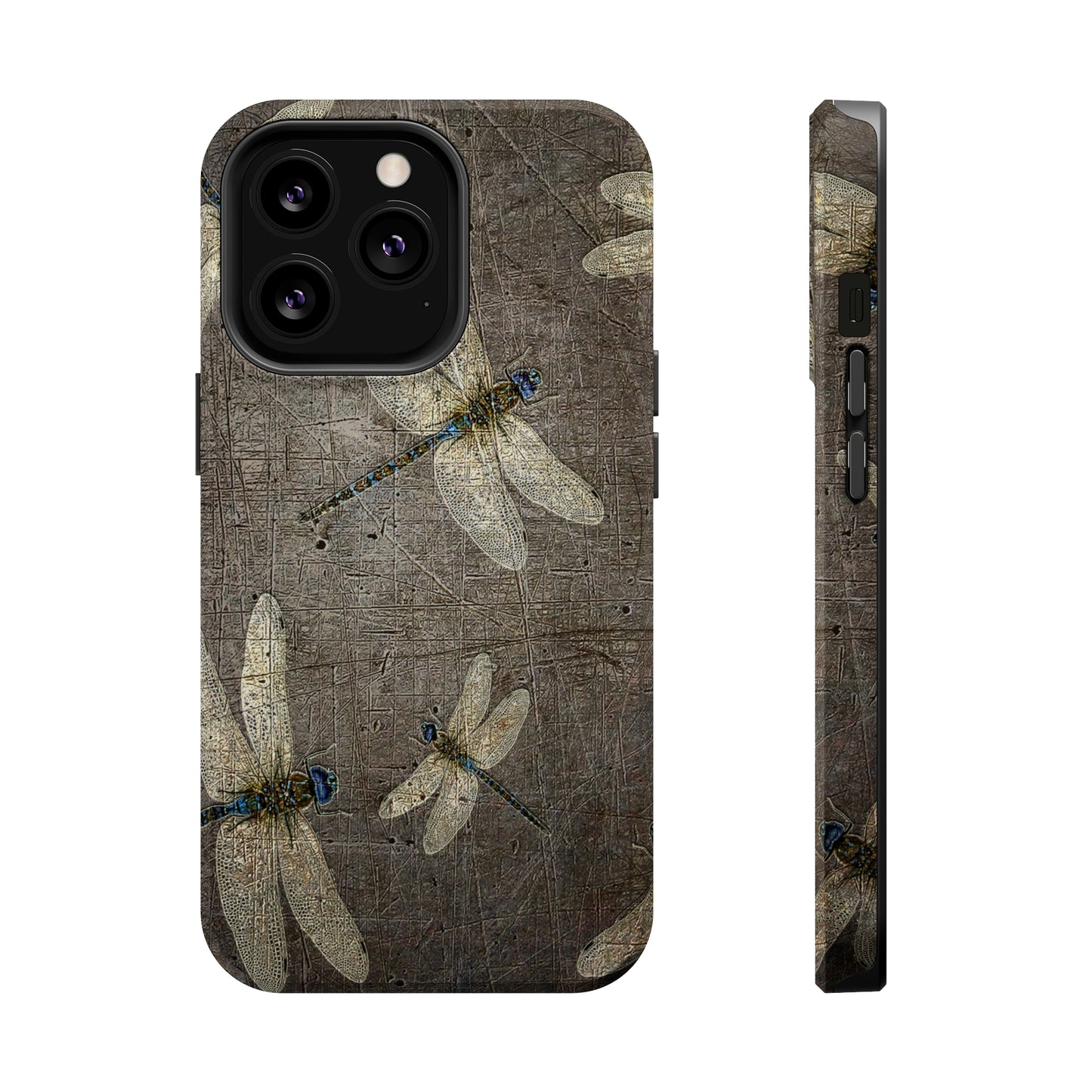 Dragonfly Themed Mag Safe Tough Cases for iPhones 13 and 14 - Flight of Dragonflies on Stone Background Print