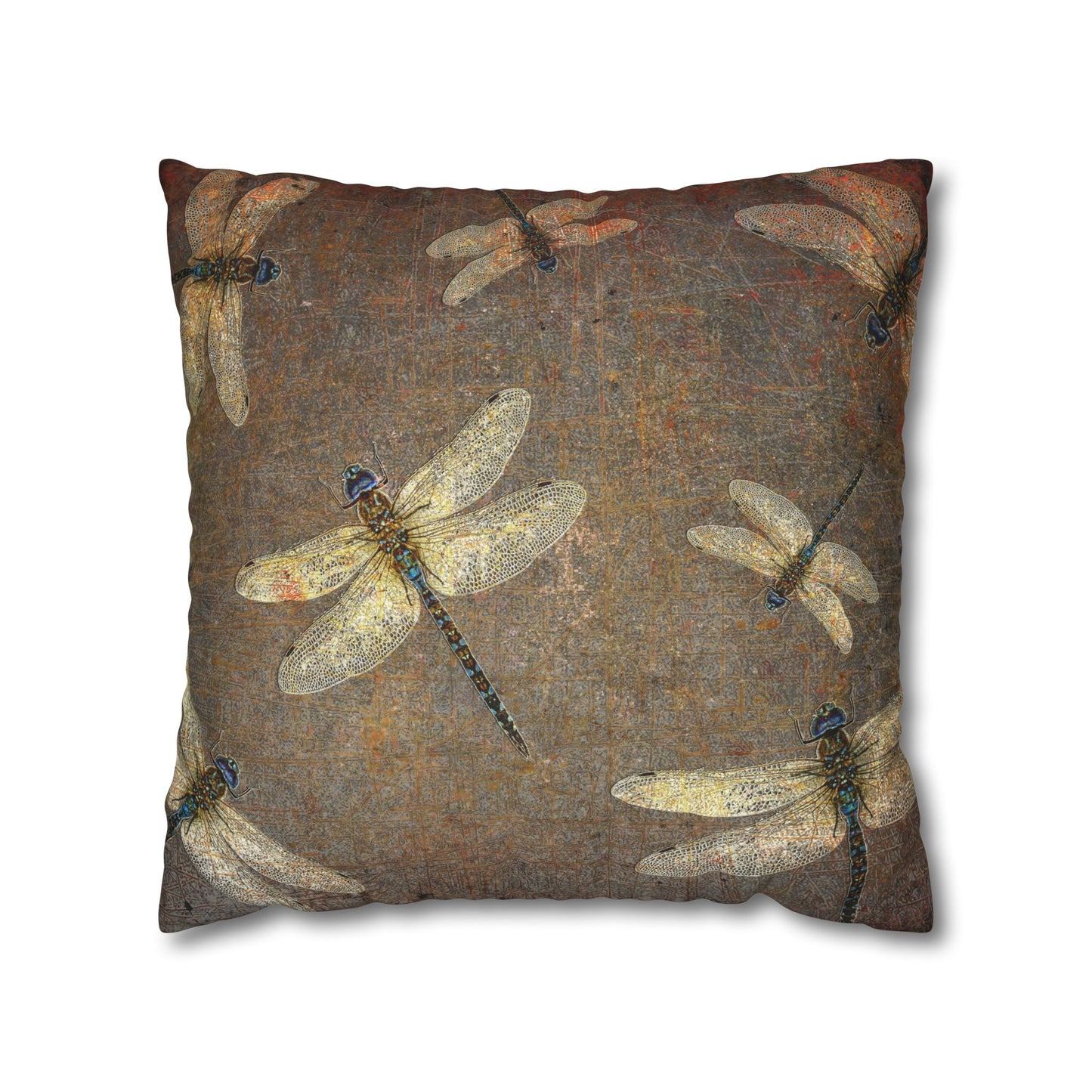 Dragonfly Themed Square Pillow Cover, Flight of Dragonflies on Distressed Background Print