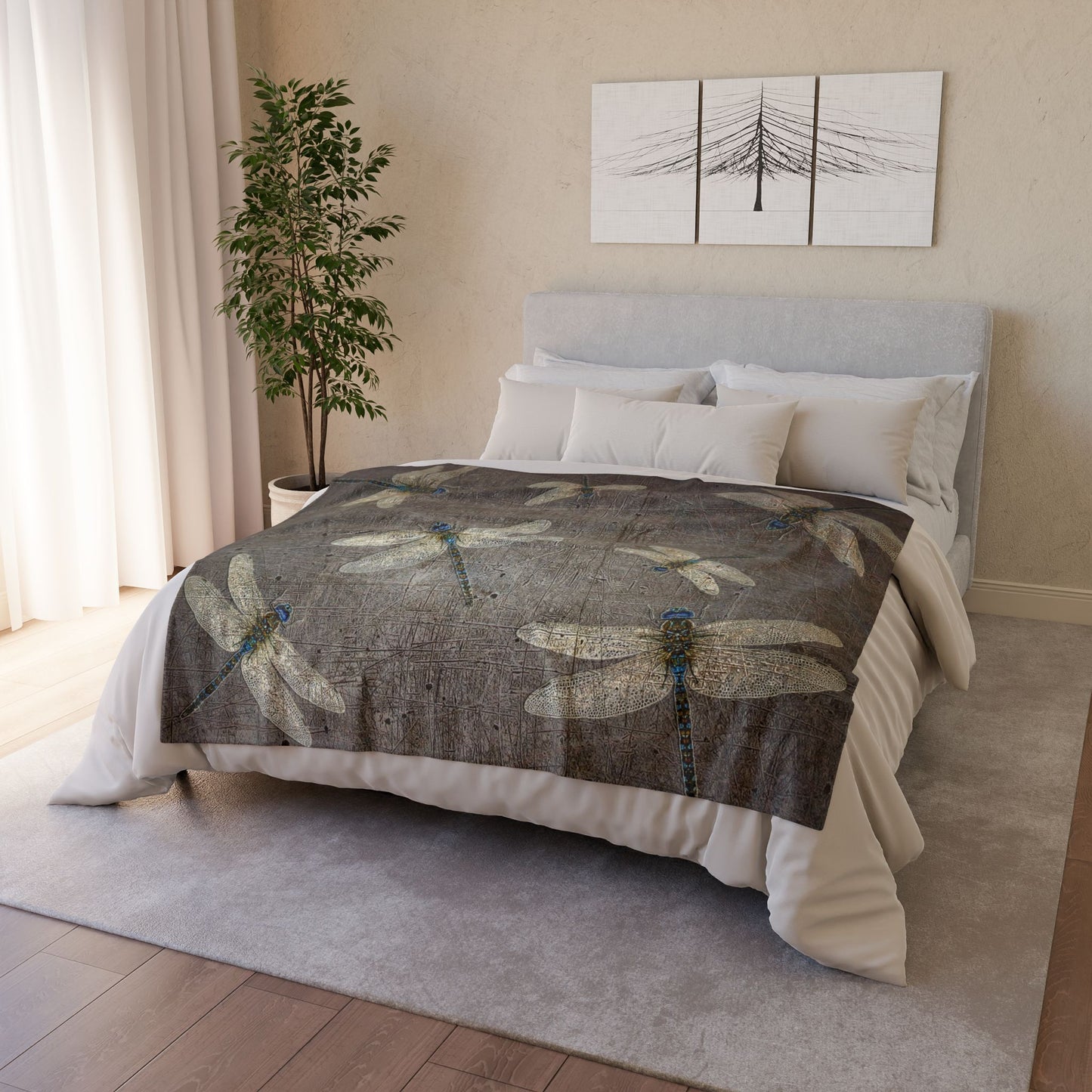 Dragonfly Minky Blanket: Flight of Dragonflies on Distressed Gray Stone Background
