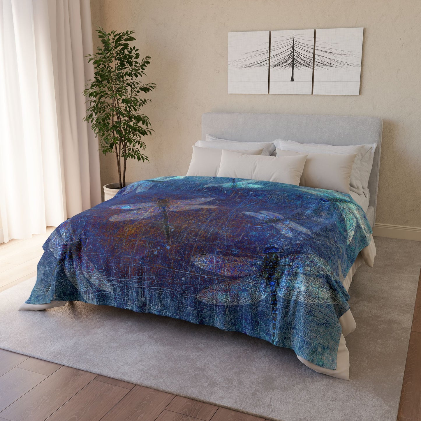 Super soft Dragonfly Minky Blanket: Flight of Dragonflies on Distressed Blue Background
