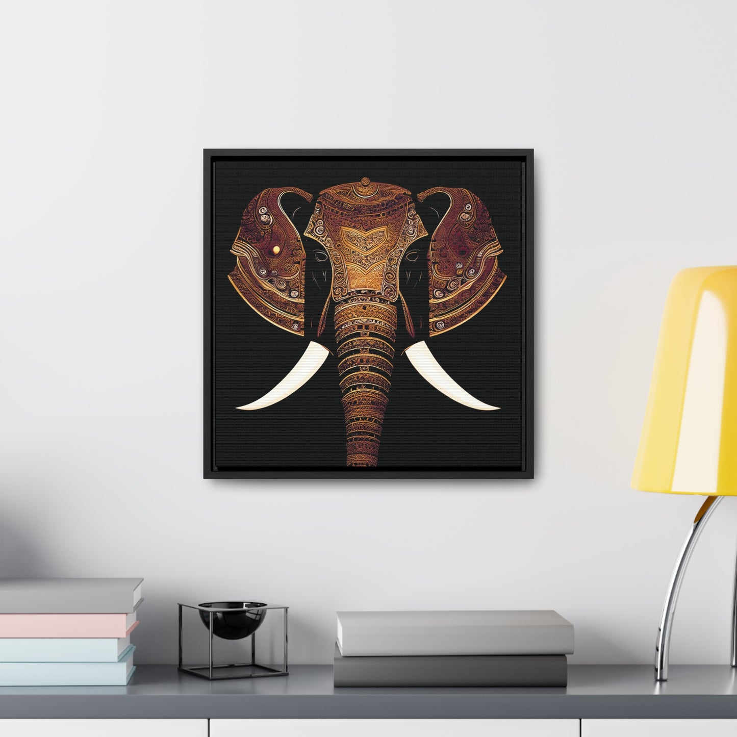 Indian Elephant Head With Parade Colors on Black Background Print on Canvas in a Floating Frame 20x20