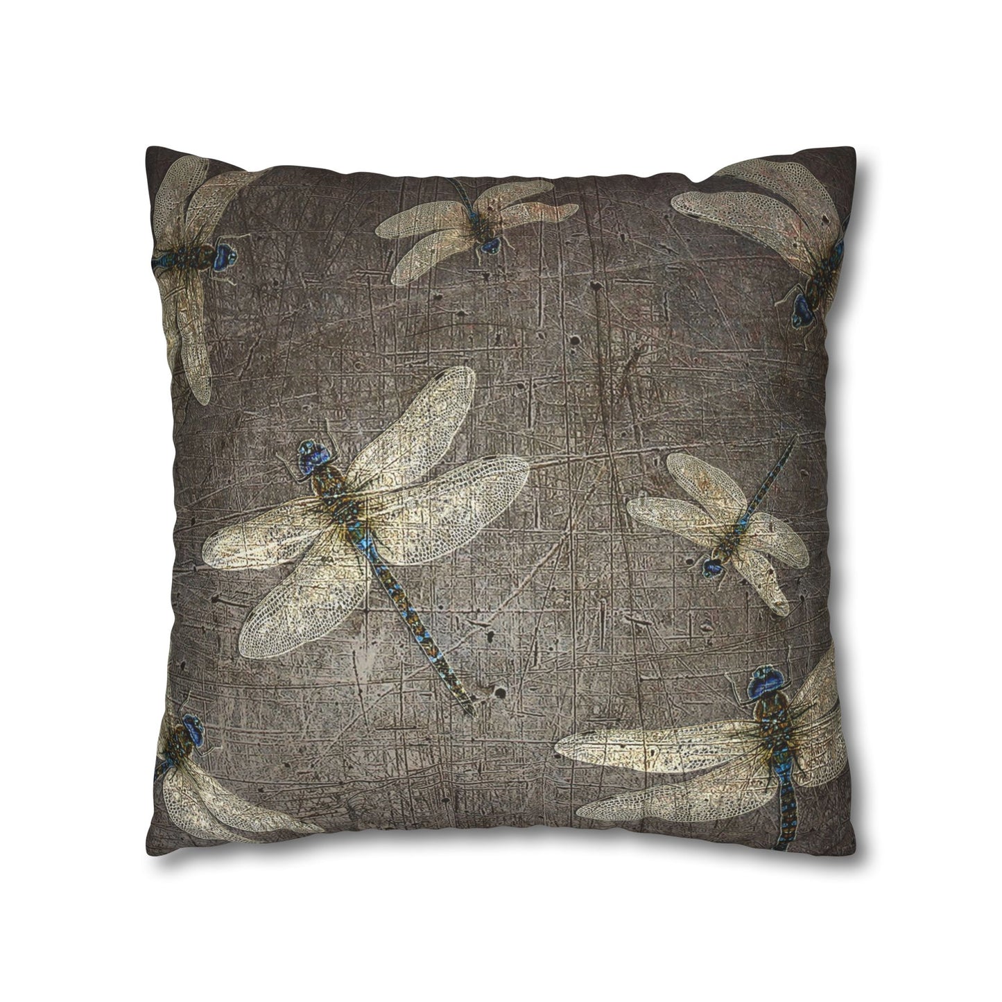 Dragonfly Themed Square Pillow Cover, Dragonflies on Distressed Stone Grey Print