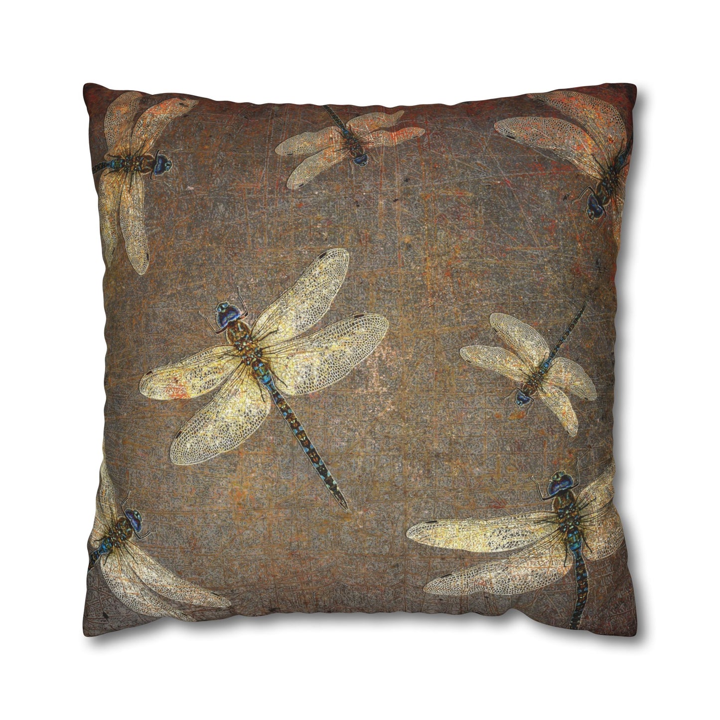 Dragonfly Themed Square Pillow Cover, Flight of Dragonflies on Distressed Background Print