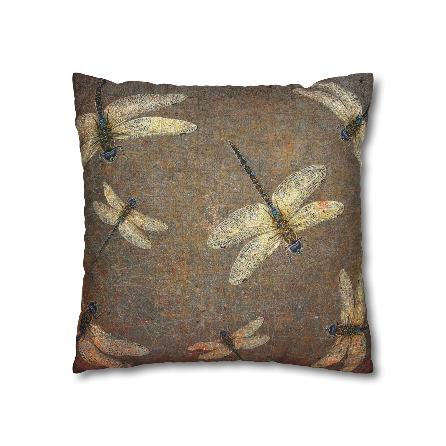 Dragonfly Themed Square Pillow Cover, Flight of Dragonflies on Distressed Background Print