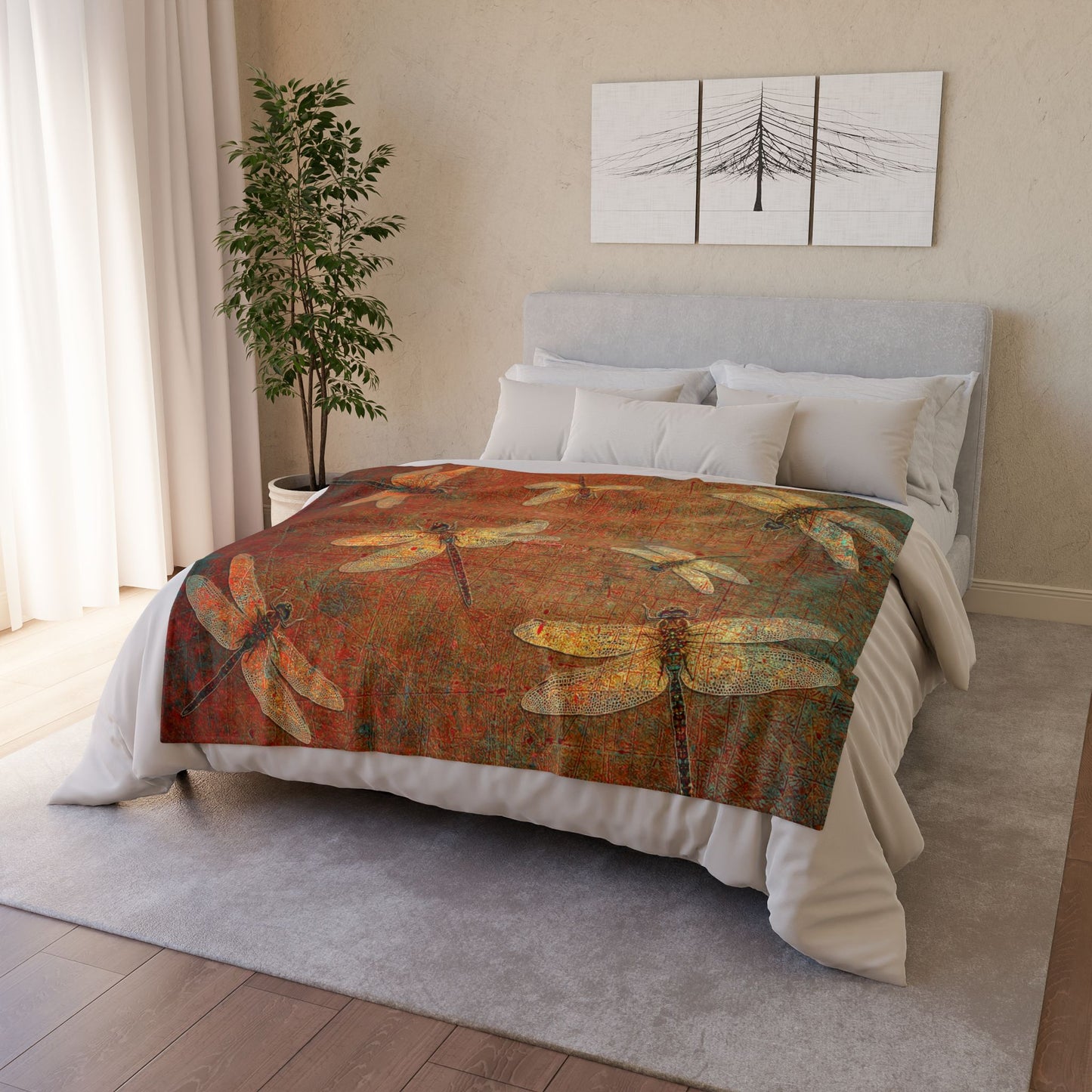 Dragonfly Minky Blanket: Flight of Dragonflies on Distressed Orange and Green Background