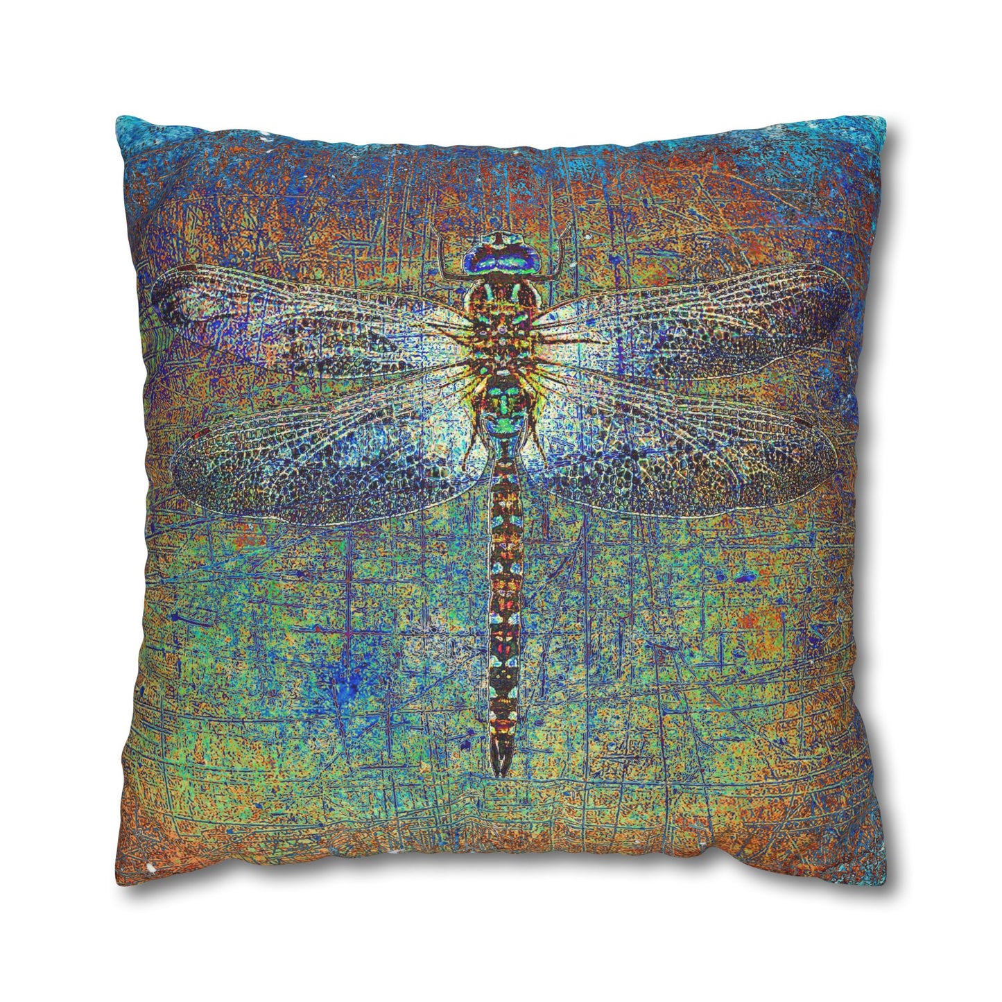 Dragonfly Print Square Pillow Cover, Dragonfly on Multicolor Background Replacement Cover