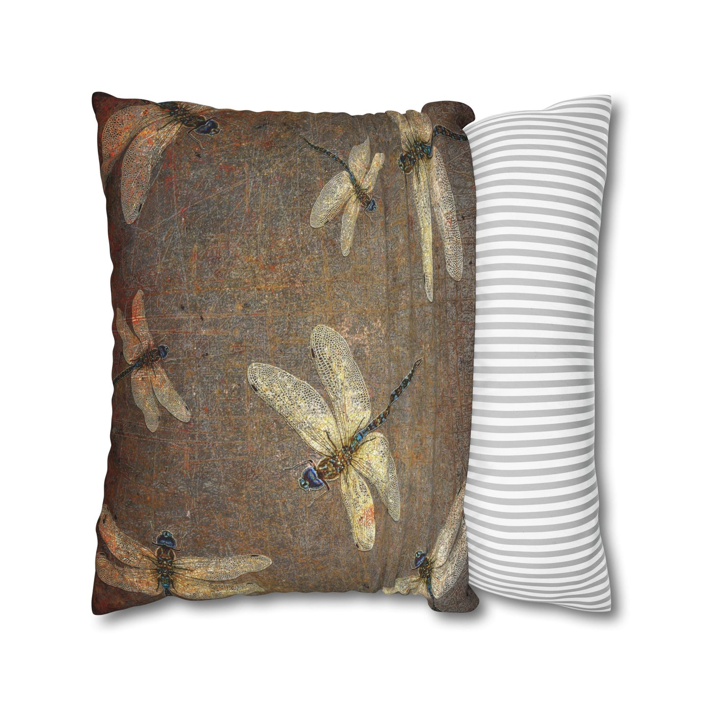 Dragonfly Themed Square Pillow Cover, Flight of Dragonflies on Distressed Background Print
