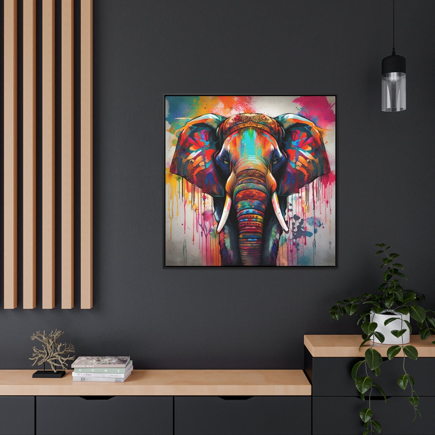 Elephant themed Wall Art Print - Dripping Colors Indian Elephant Print on Canvas in a Floating Frame