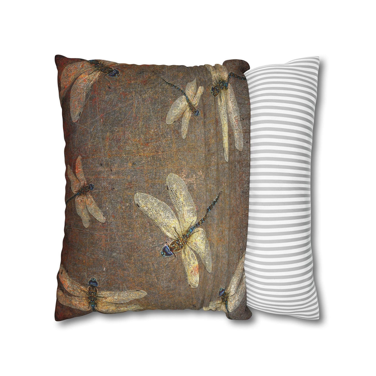 Dragonfly Themed Square Pillow Cover, Flight of Dragonflies on Distressed Background Print
