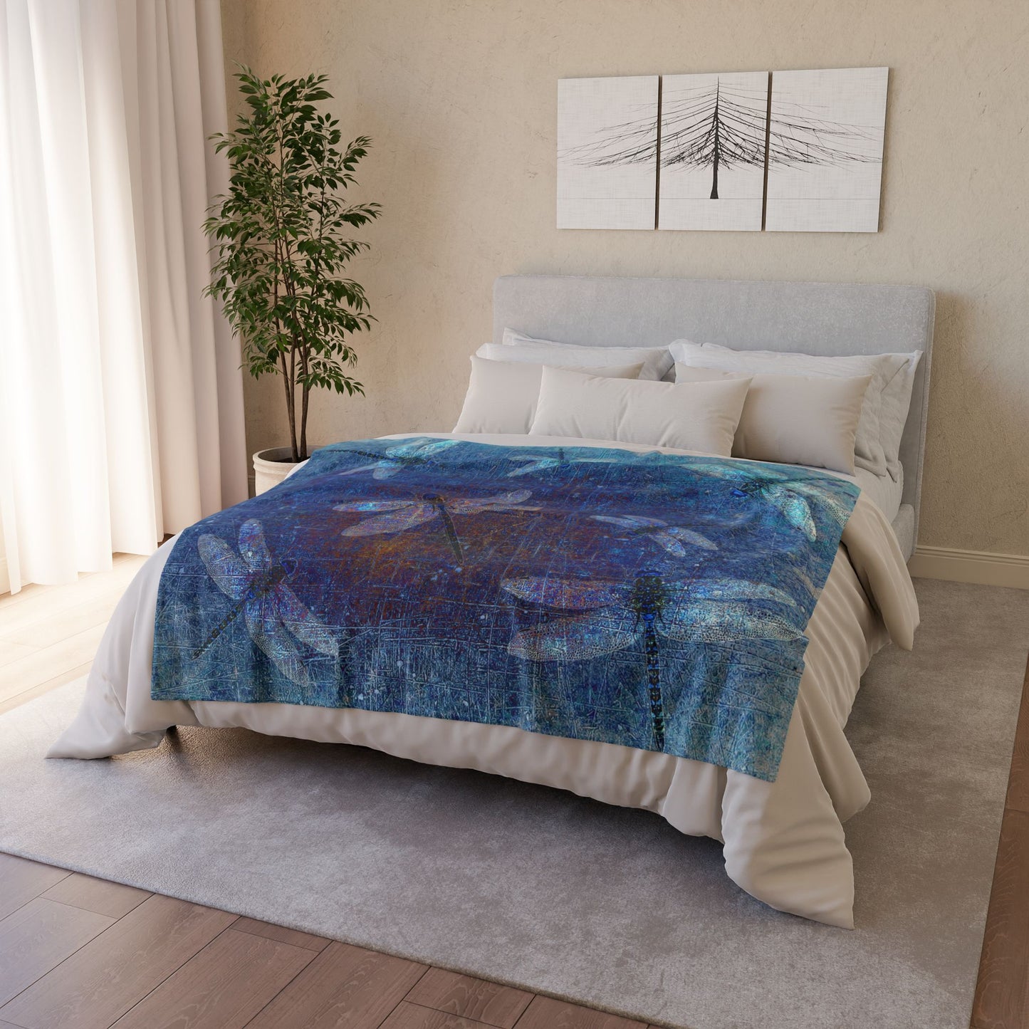 Super soft Dragonfly Minky Blanket: Flight of Dragonflies on Distressed Blue Background