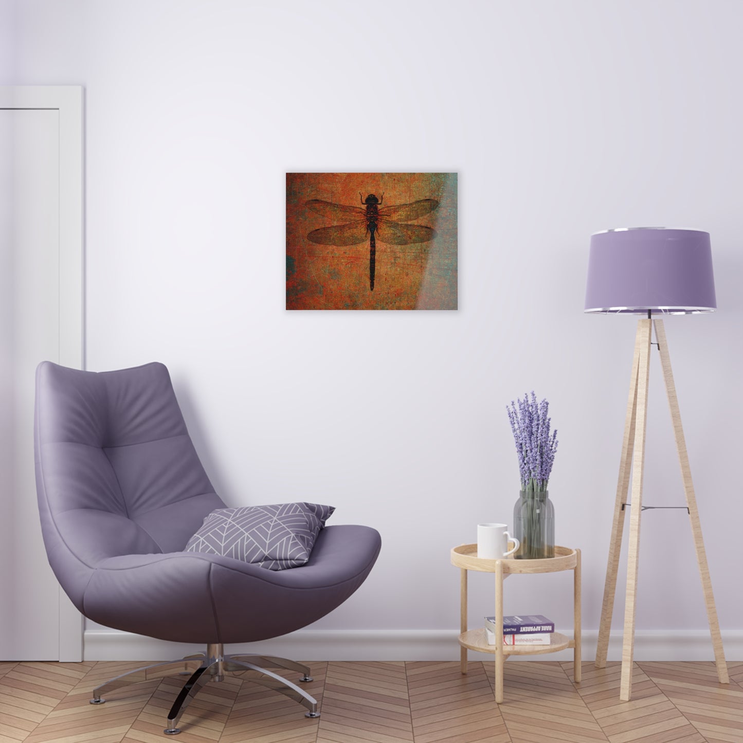 Dragonfly on Distressed Brown Stone Background on a Crystal Clear Acrylic Panel 20x16 hung on light wall
