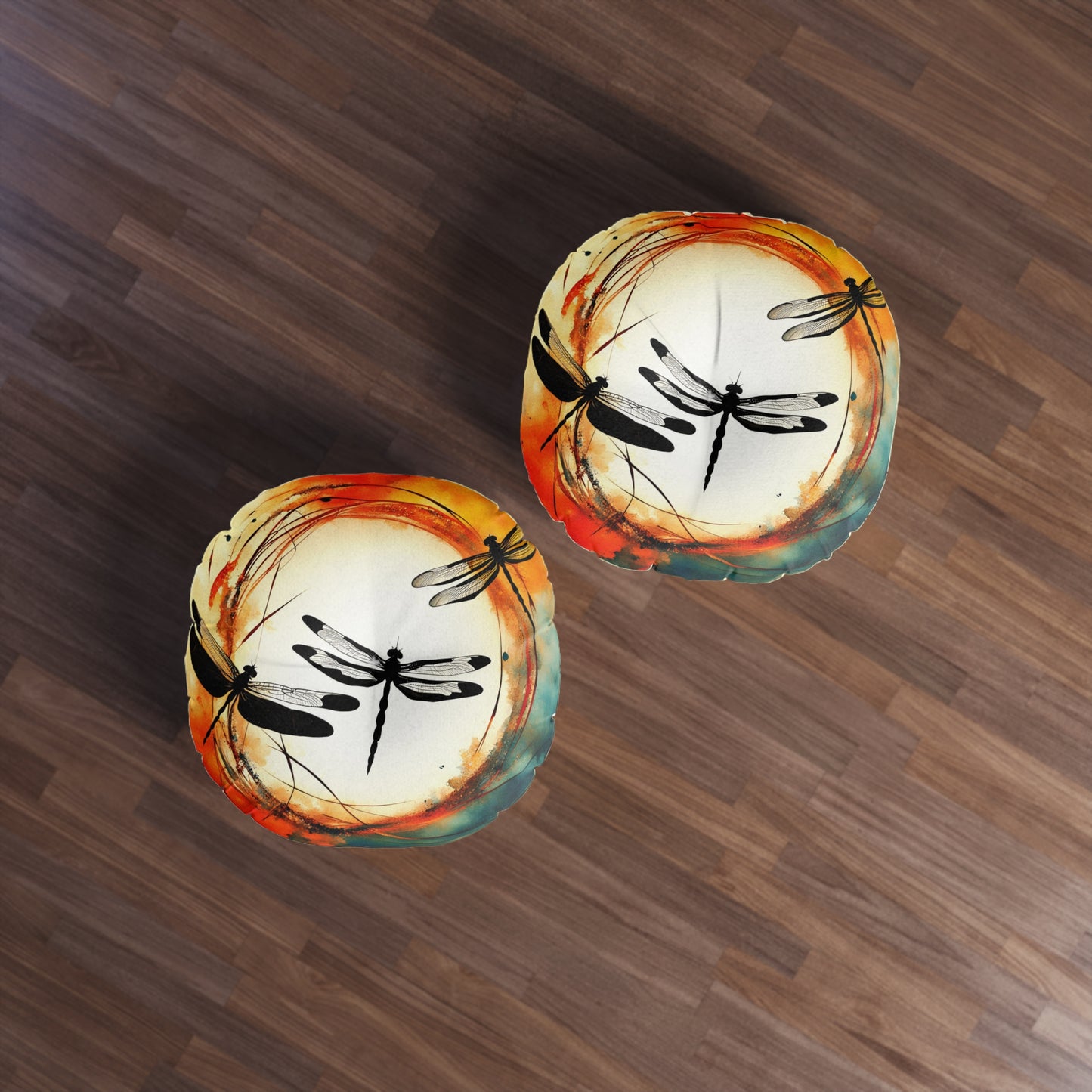 Dragonflies Silhouettes in a colorful Enso circle print on 2 Sided Round Tufted Floor Pillow.
