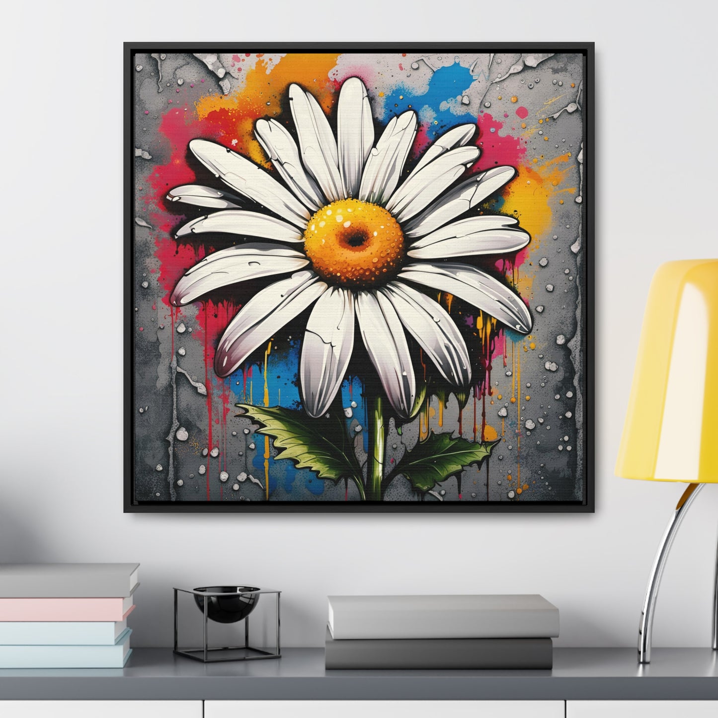 Floral themed Wall Art Print - Street Art Style Graffiti Daisy Printed on Canvas in a Floating Frame 24x24