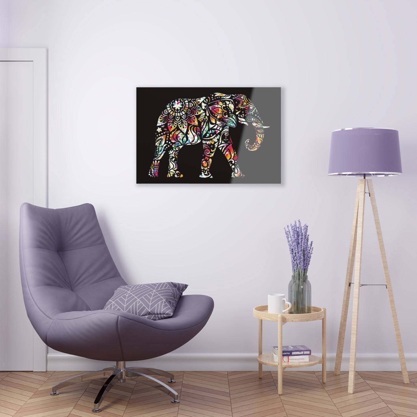 Elephant Themed Wall Art - Multicolor Indian Elephant on Black Background Printed on a Crystal Clear Acrylic Panel