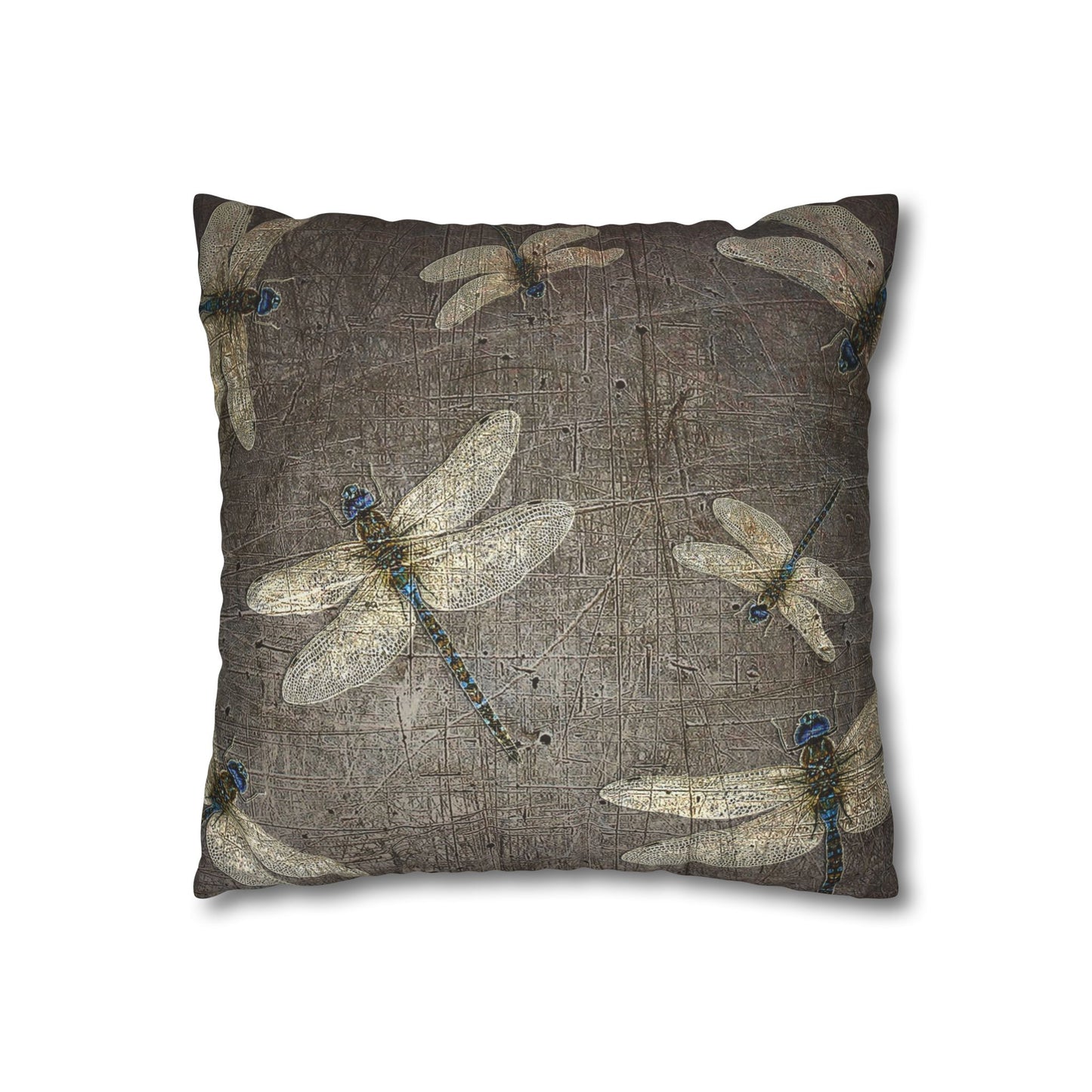 Dragonfly Themed Square Pillow Cover, Dragonflies on Distressed Stone Grey Print