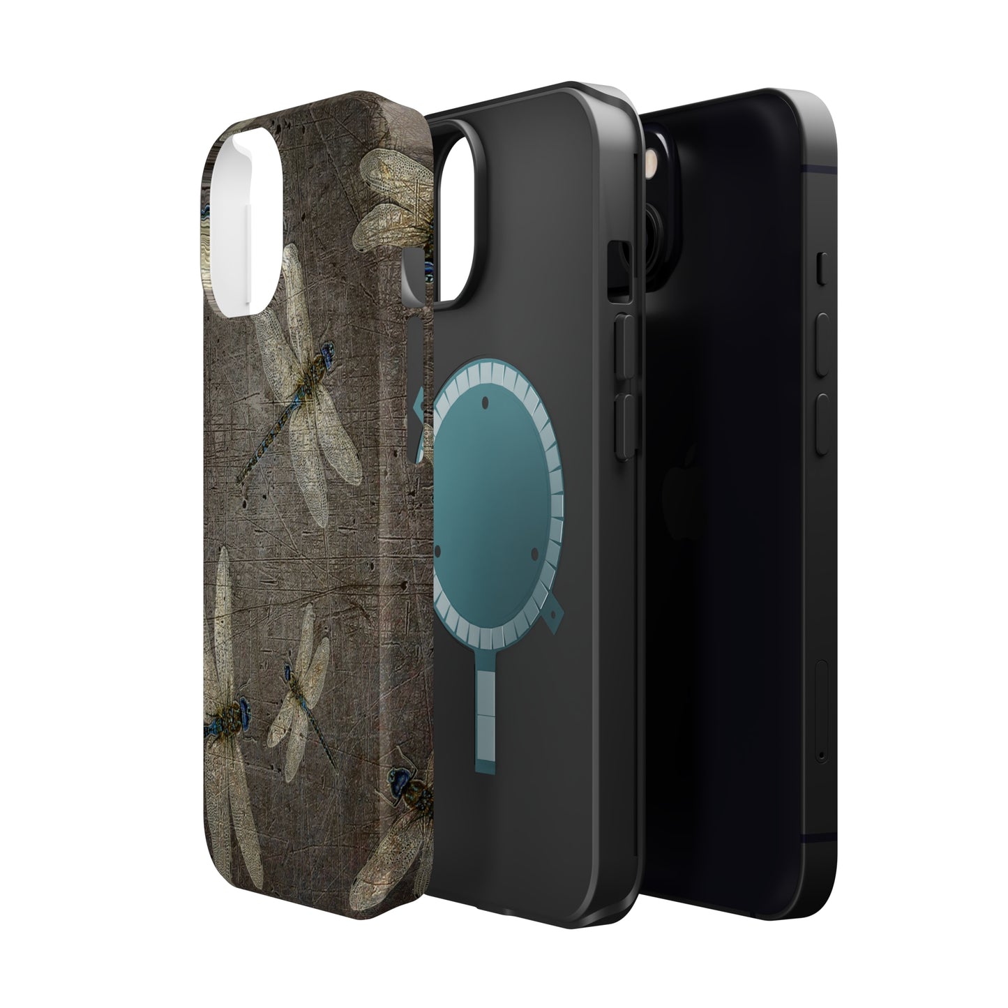 Dragonfly Themed Mag Safe Tough Cases for iPhones 13 and 14 - Flight of Dragonflies on Stone Background Print