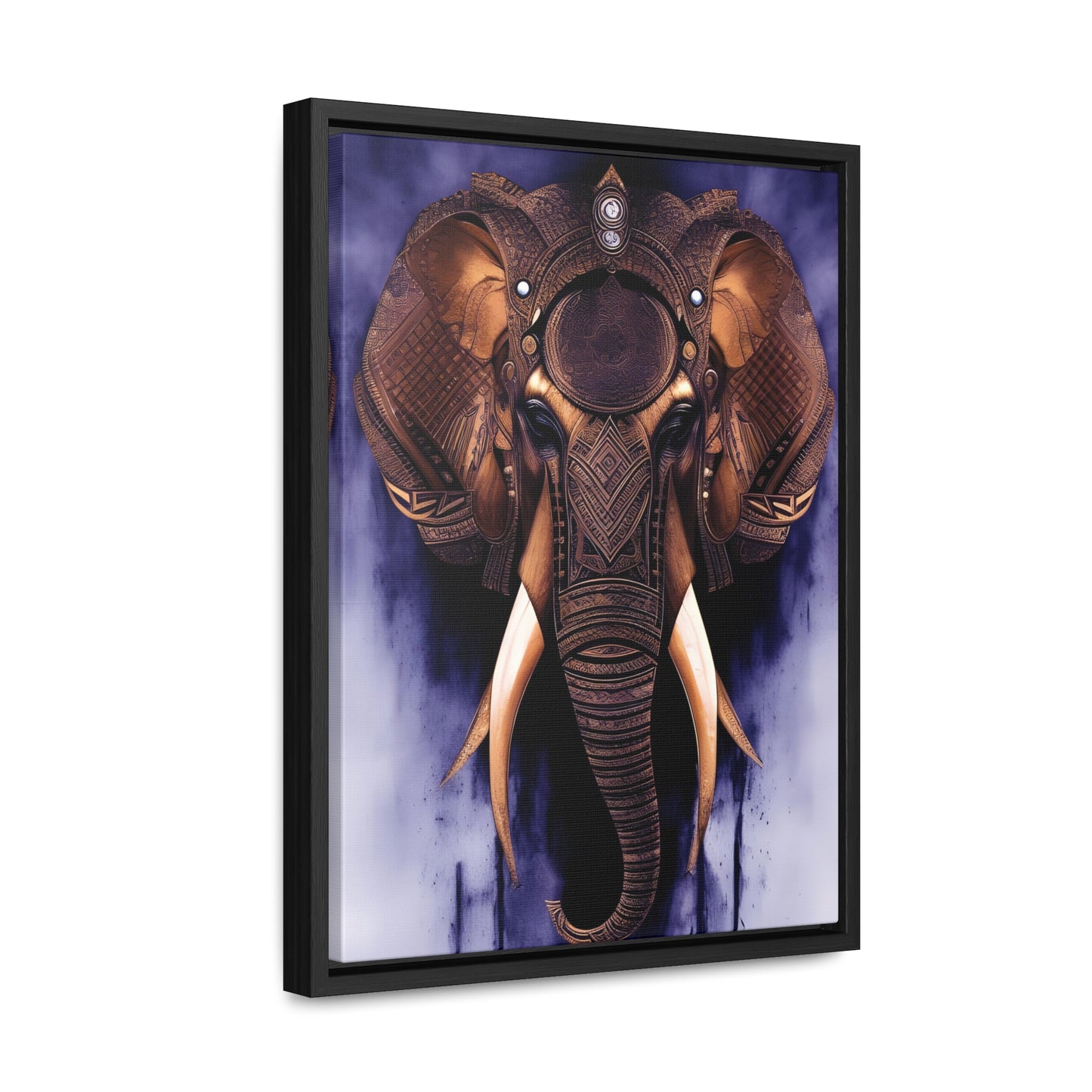 Elephant Themed Modern Wall Art - Tribal Elephant Head on Purple Background Print on Canvas in a Floating Frame