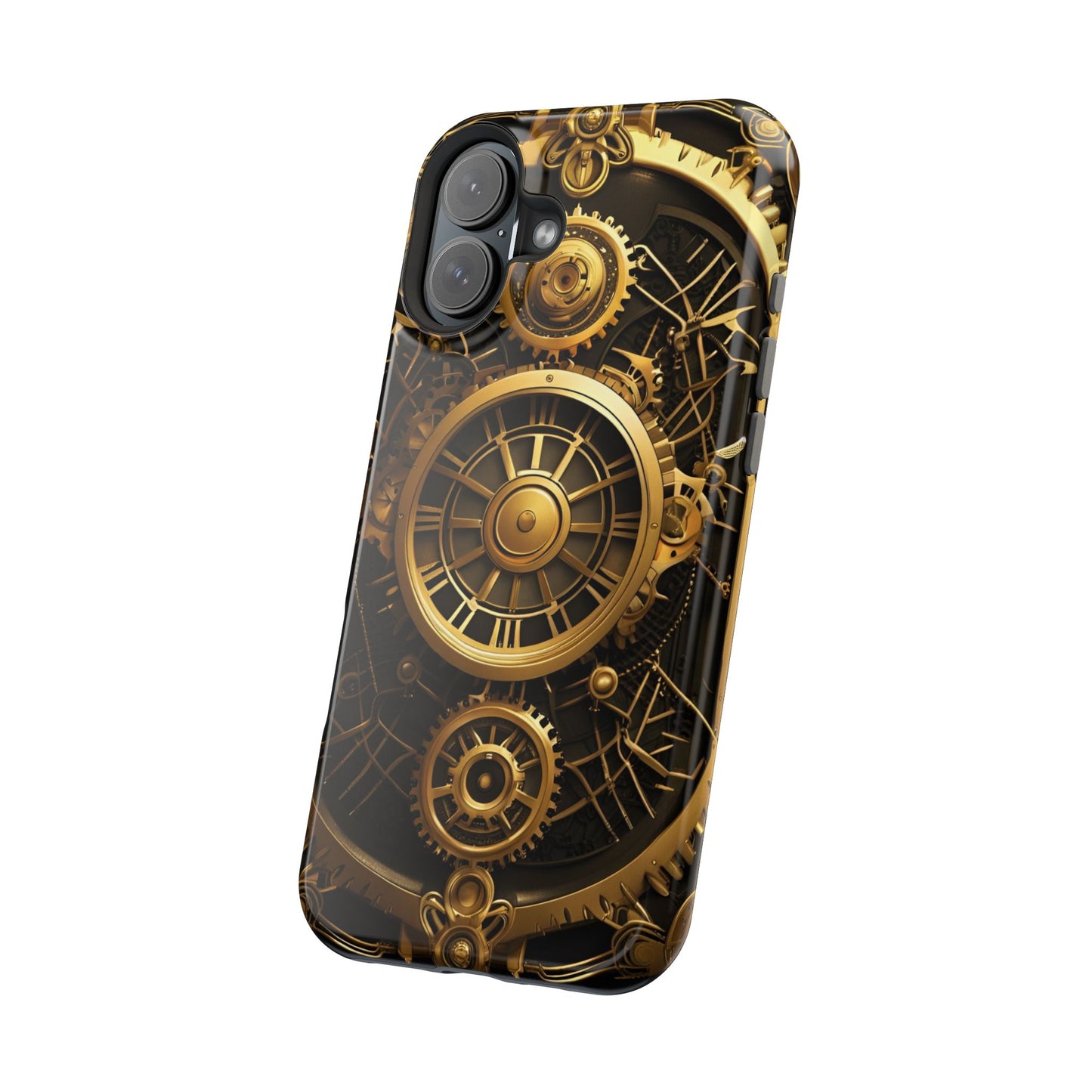 Magnetic Tough Cases for iPhone 16, Art Deco Themed Steampunk Gold and Copper Gears Panel Printed on Phone Case for iPhone 16