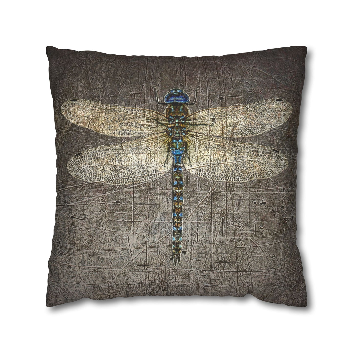 Dragonfly Themed Square Pillow Cover, Dragonflies on Distressed Stone Grey Print
