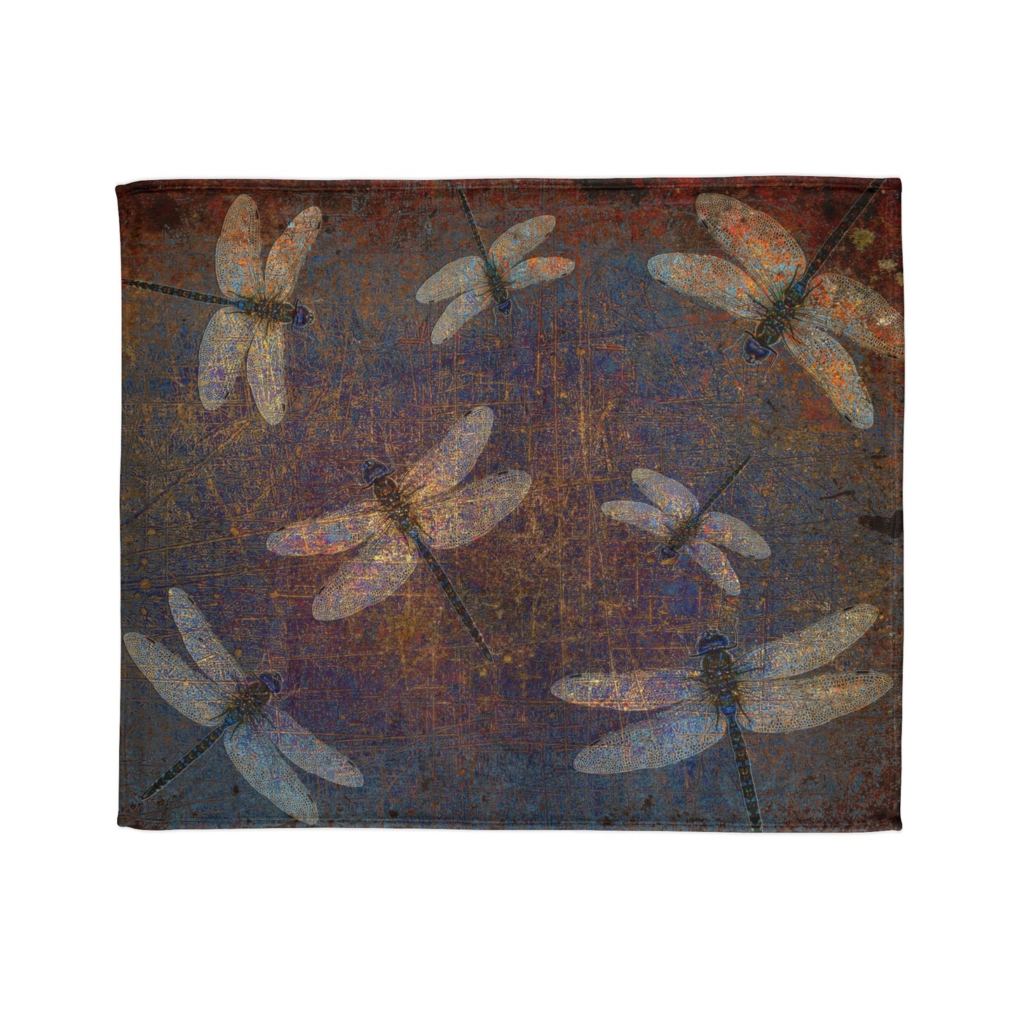 Super soft Dragonfly Minky Blanket: Flight of Dragonflies on Distressed Purple and Orange Background