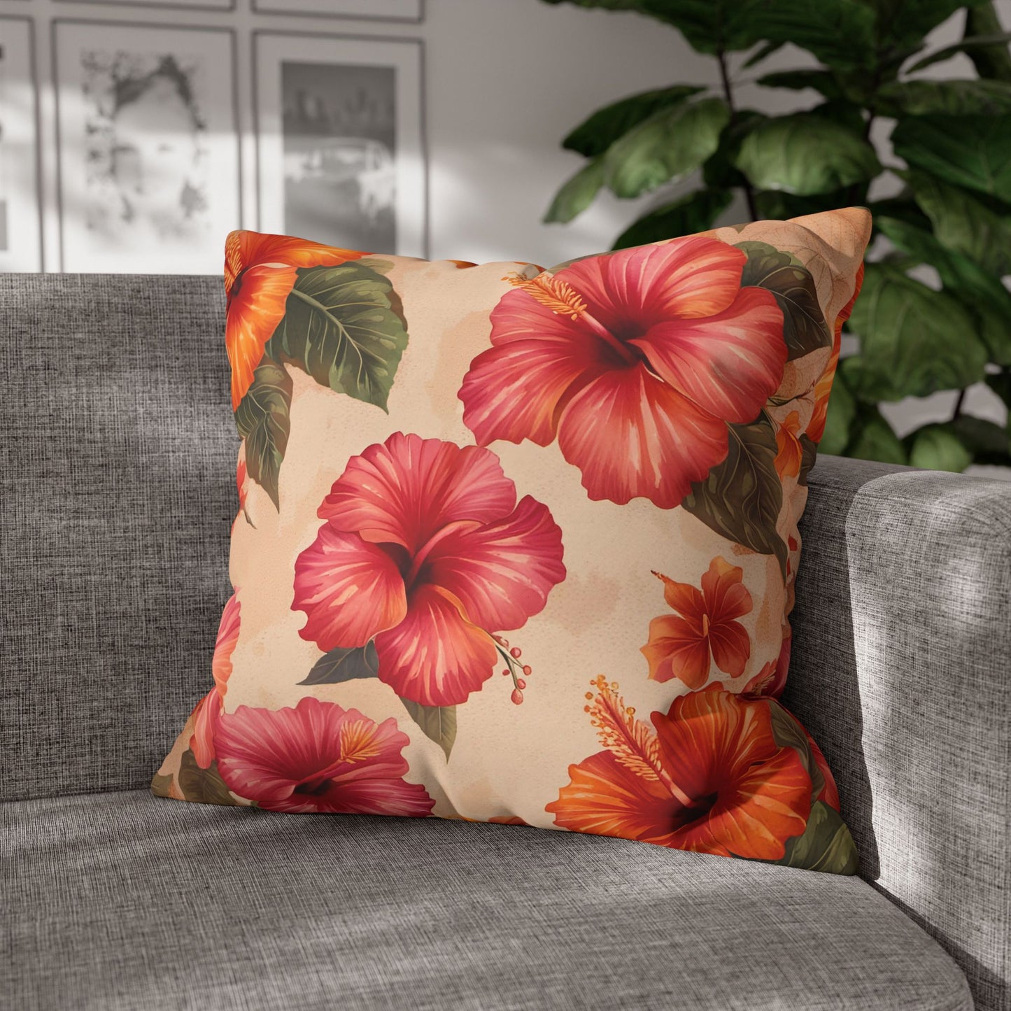 Hibiscus Flowers Pillow Cover front on sofa