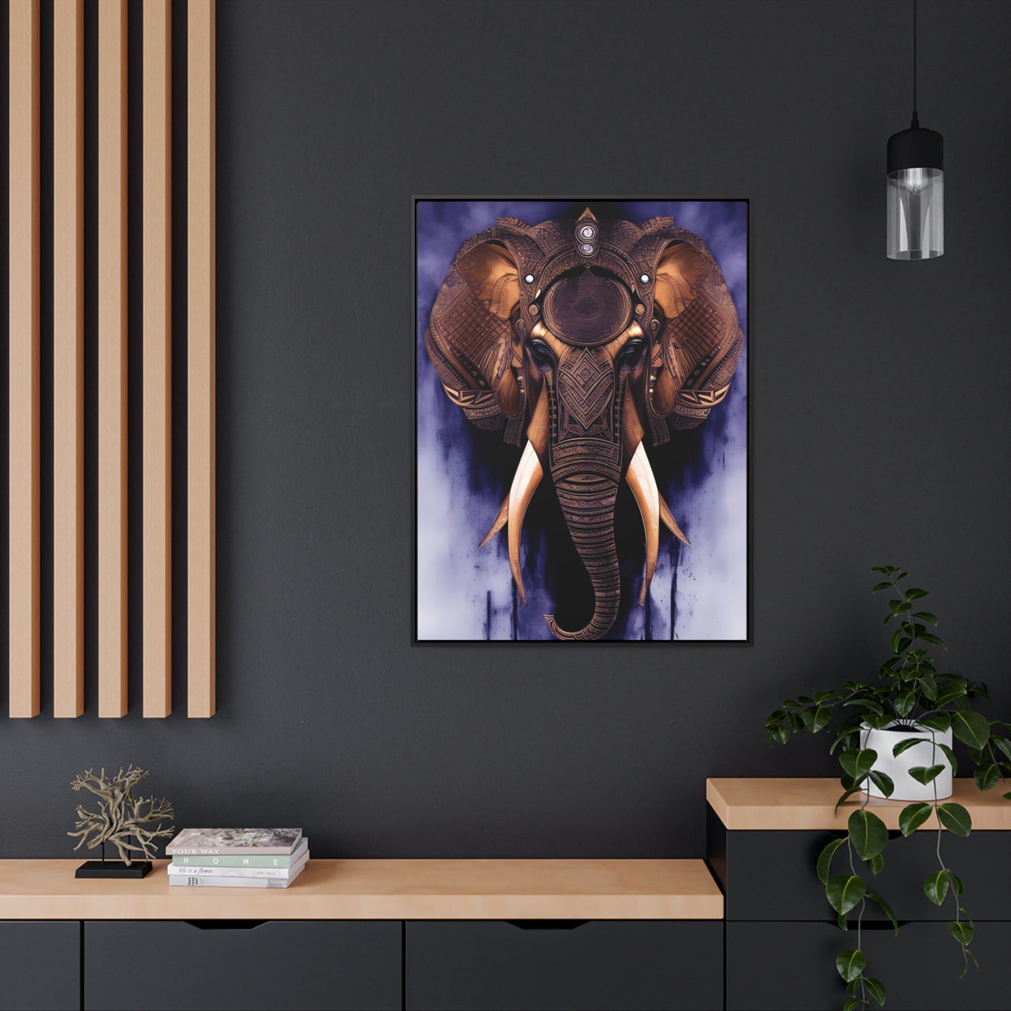 Elephant Themed Modern Wall Art - Tribal Elephant Head on Purple Background Print on Canvas in a Floating Frame hung on dark wall
