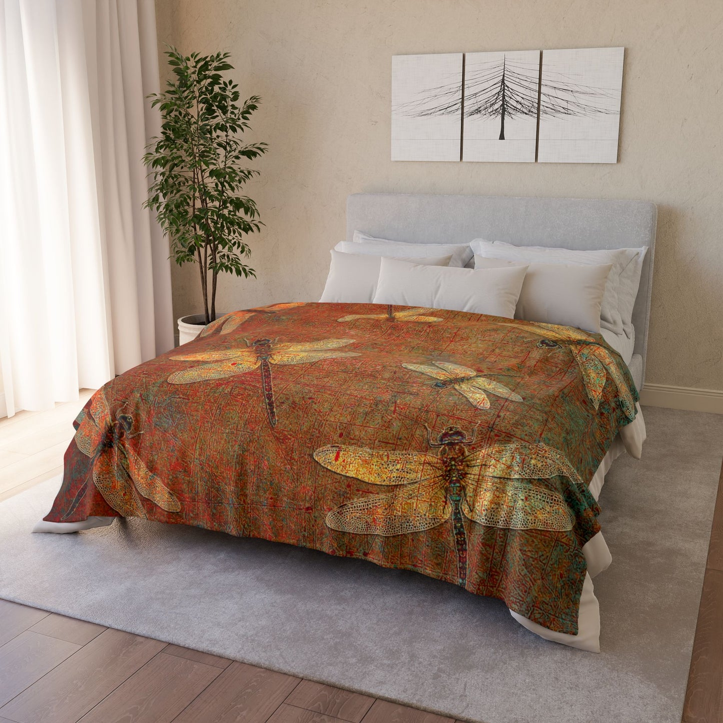Dragonfly Minky Blanket: Flight of Dragonflies on Distressed Orange and Green Background