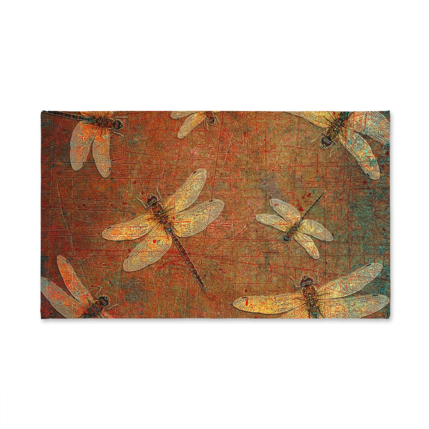 Golden Dragonflies on Orange and Green Background Print on Hand Towel