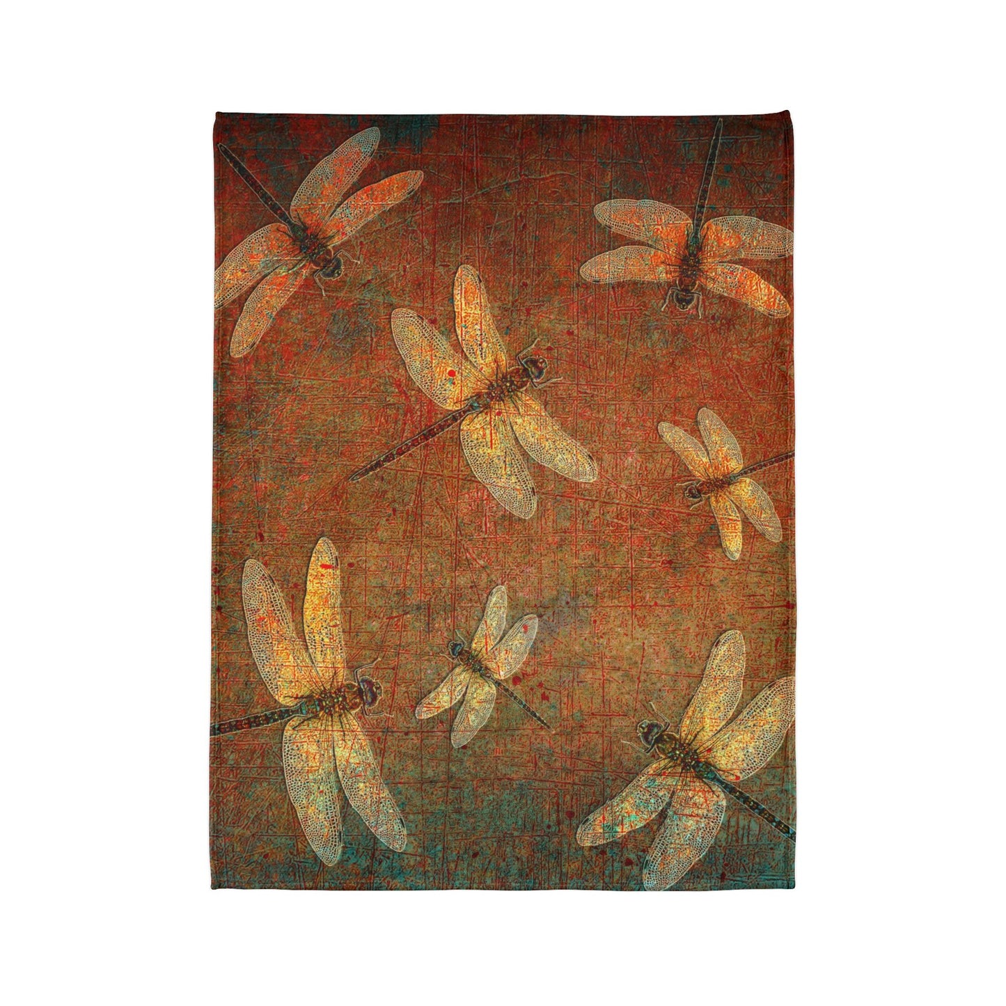 Dragonfly Minky Blanket: Flight of Dragonflies on Distressed Orange and Green Background