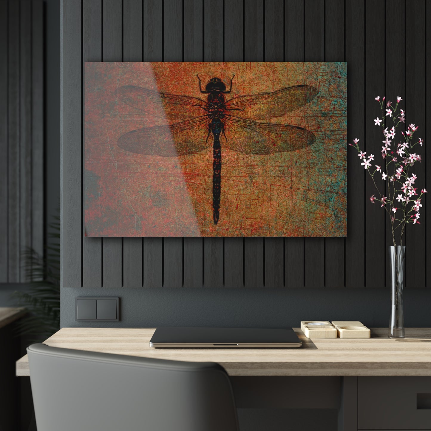 Dragonfly on Distressed Brown Stone Background on a Crystal Clear Acrylic Panel 36x24 hung on dark wall