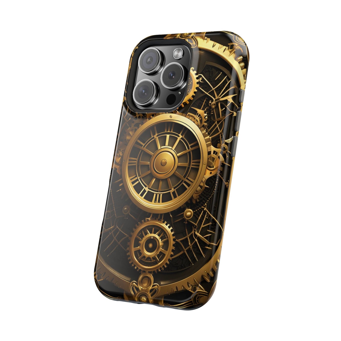 Magnetic Tough Cases for iPhone 16, Art Deco Themed Steampunk Gold and Copper Gears Panel Printed on Phone Case for iPhone 16