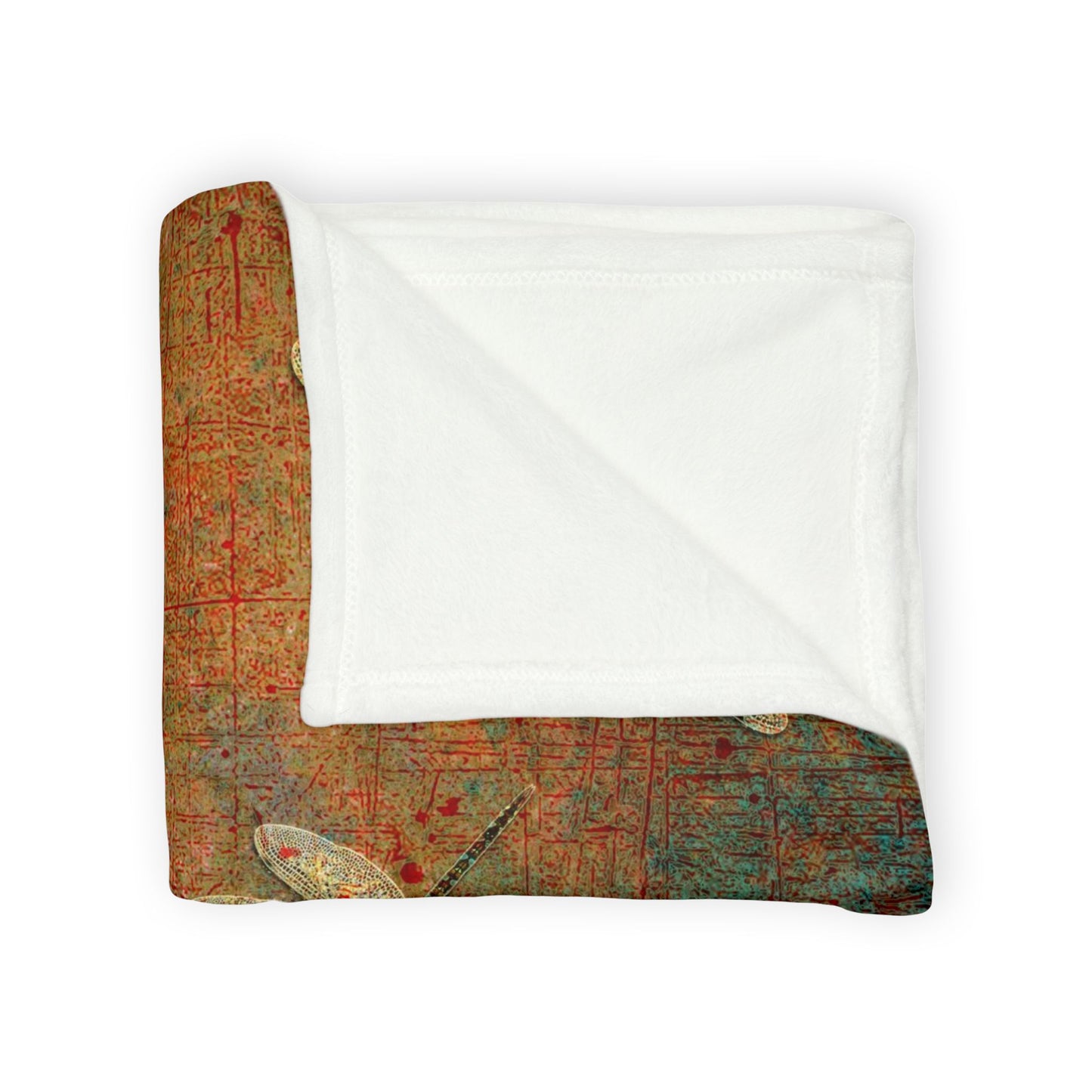 Dragonfly Minky Blanket: Flight of Dragonflies on Distressed Orange and Green Background