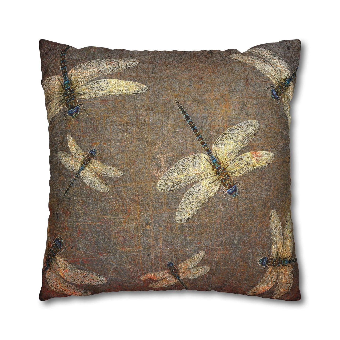 Dragonfly Themed Square Pillow Cover, Flight of Dragonflies on Distressed Background Print
