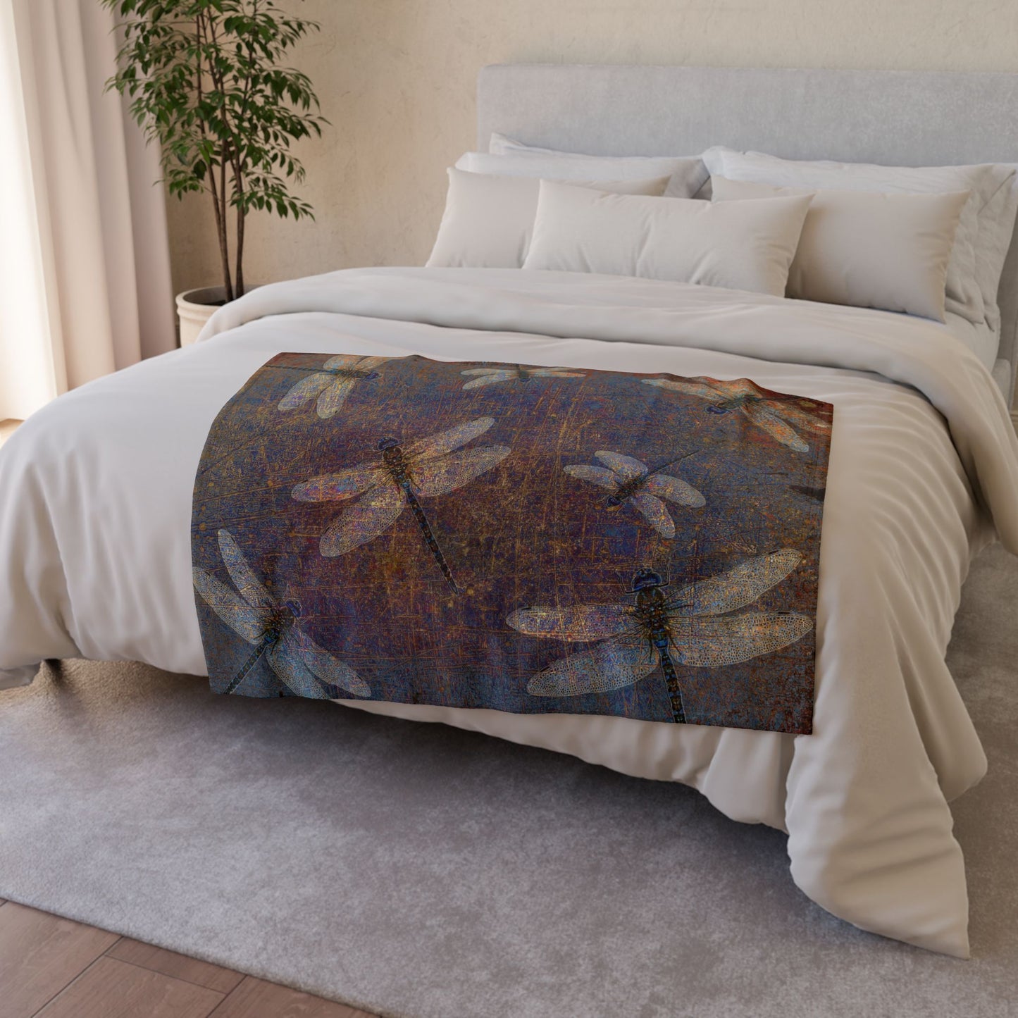 Super soft Dragonfly Minky Blanket: Flight of Dragonflies on Distressed Purple and Orange Background