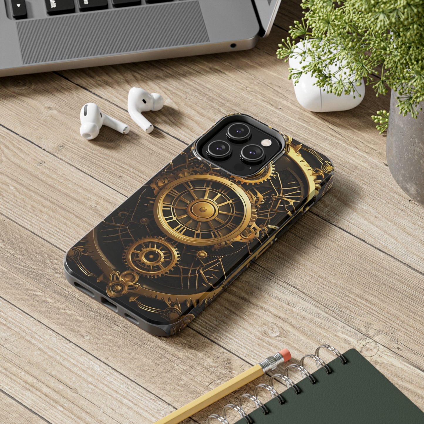 Art Deco Themed Steampunk Panel Tough Phone Case for iPhone - Gold and Copper Gears Panel Style Printed on Phone Case for iPhone 14 Pro Max on desk