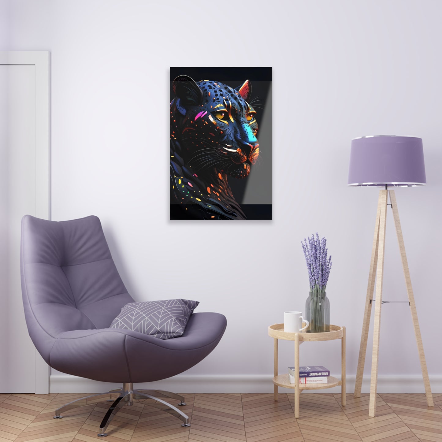 Big Cat Lover Art - Stylized Colorful Black Panther Head printed on a crystal clear acrylic panel