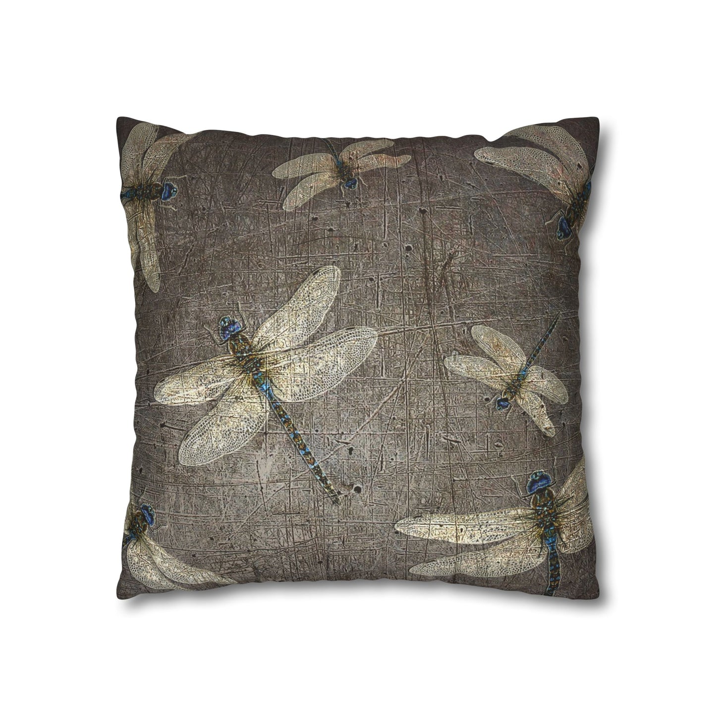Dragonfly Themed Square Pillow Cover, Dragonflies on Distressed Stone Grey Print