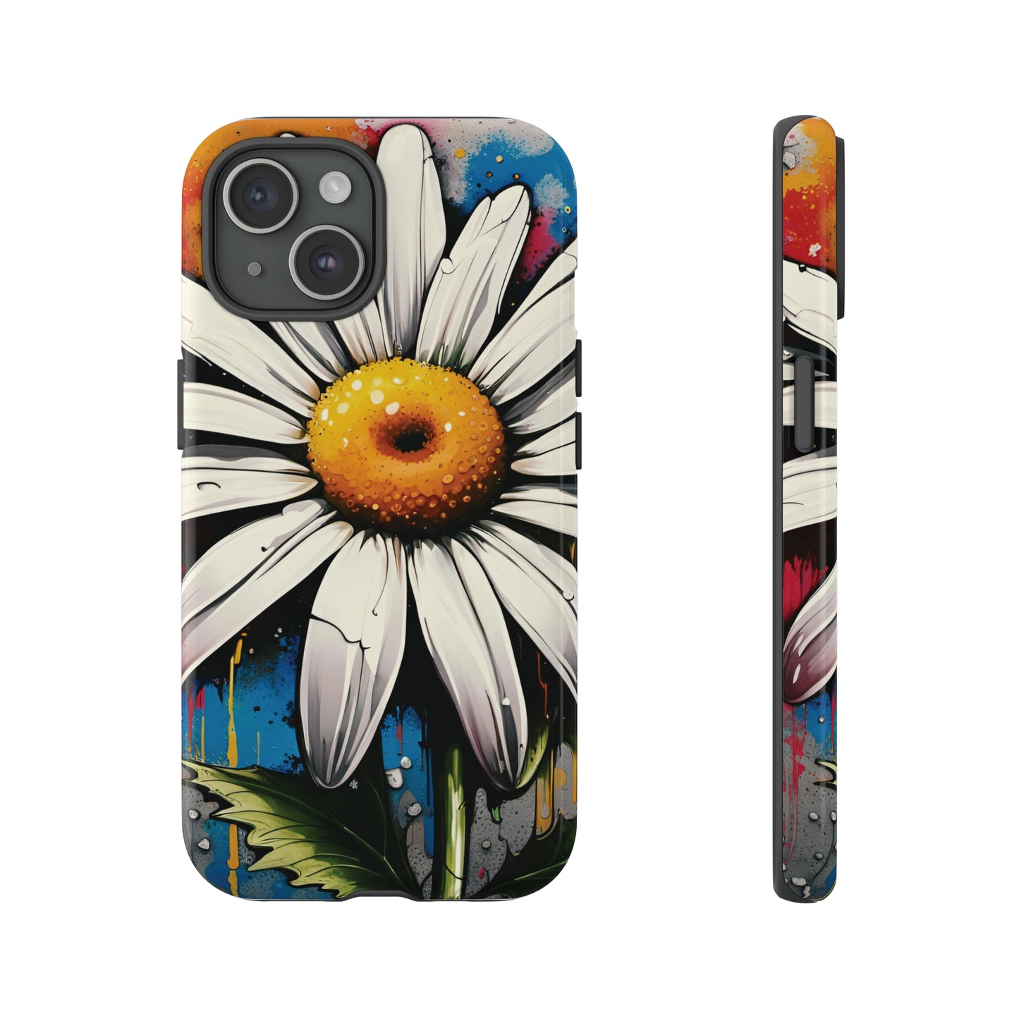 Street Style Daisy Flower Print Tough Case for iPhone 15 front and side