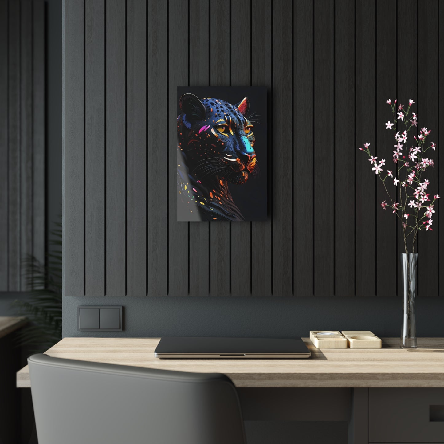 Stylized Colorful Black Panther Head printed on a crystal clear acrylic panel 12x18 hung