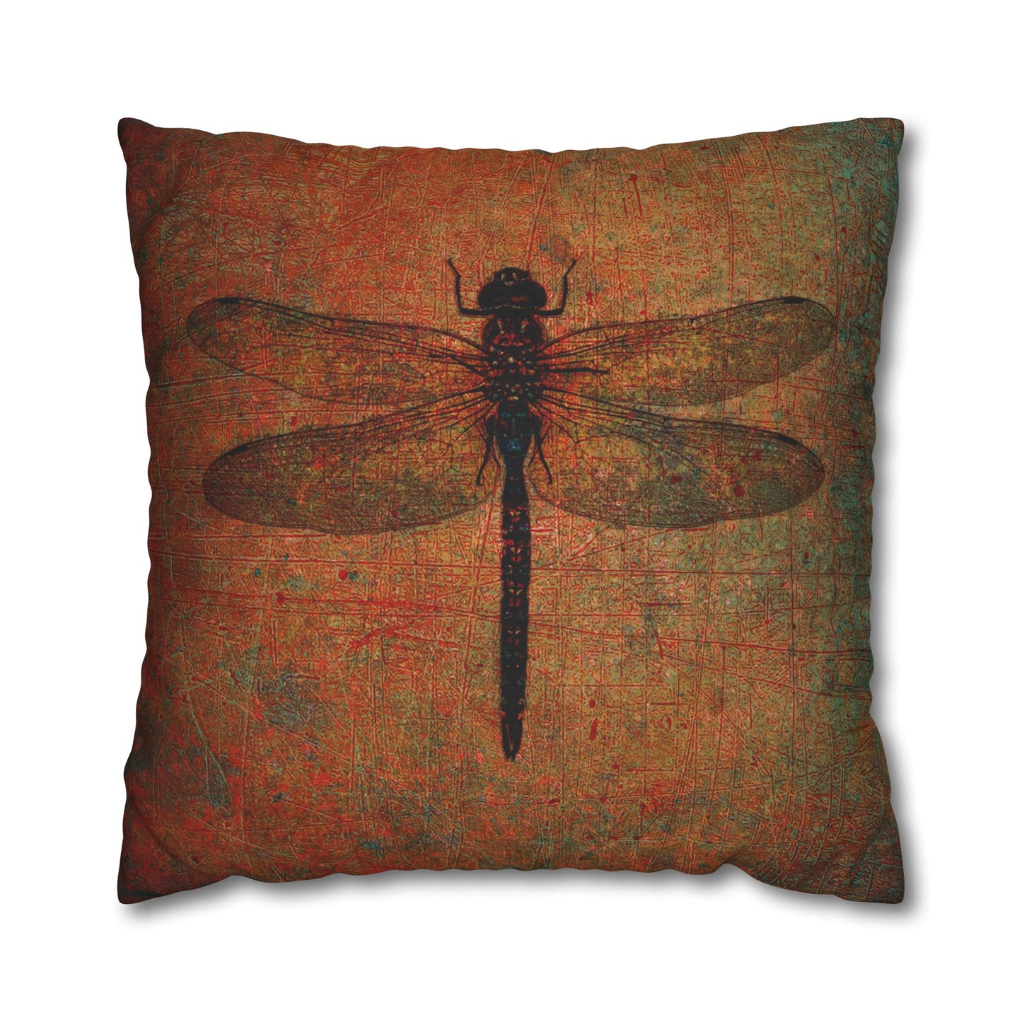Dragonfly Themed Square Pillow Cover, Dragonfly on Distressed Brown Background Cover