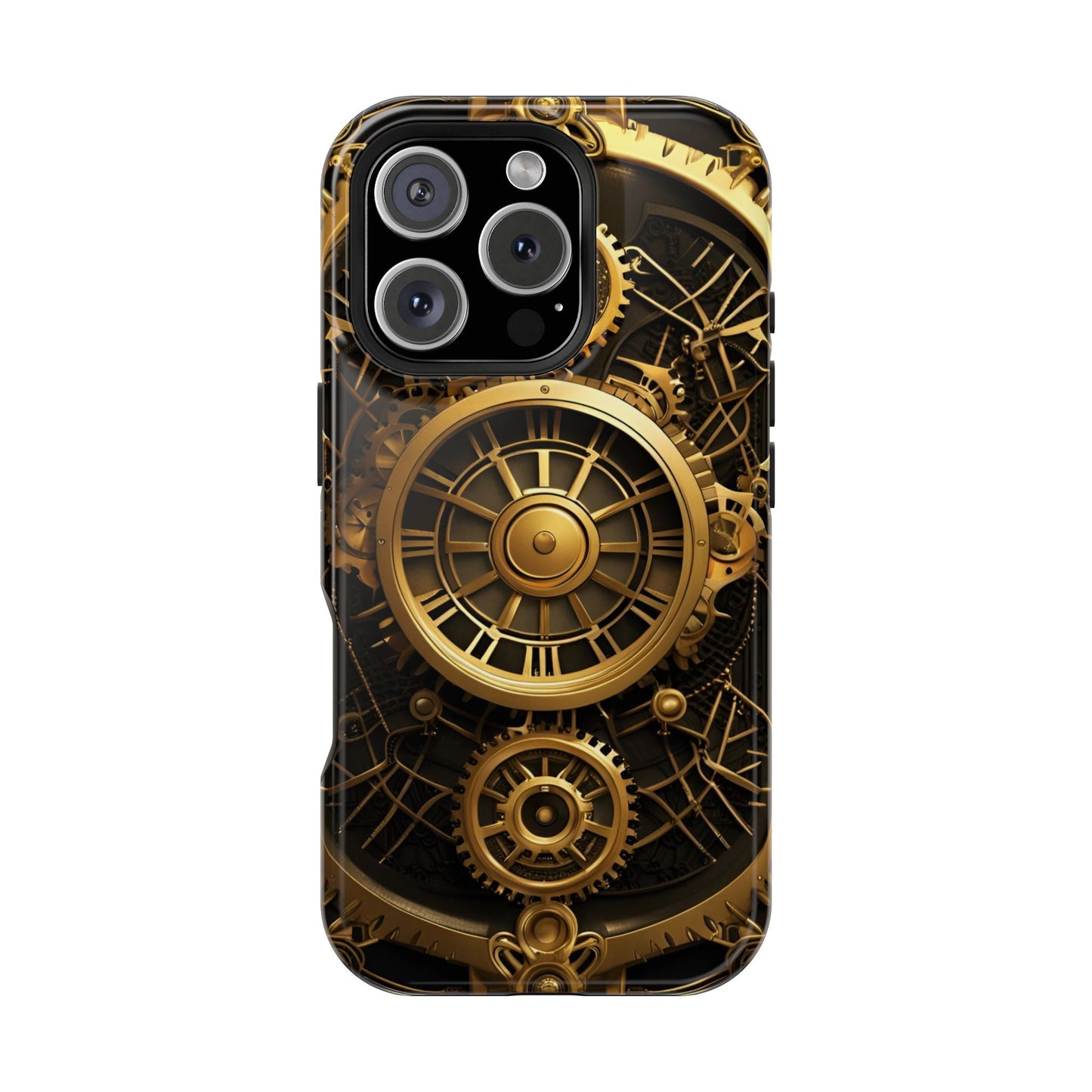 Magnetic Tough Cases for iPhone 16, Art Deco Themed Steampunk Gold and Copper Gears Panel Printed on Phone Case for iPhone 16