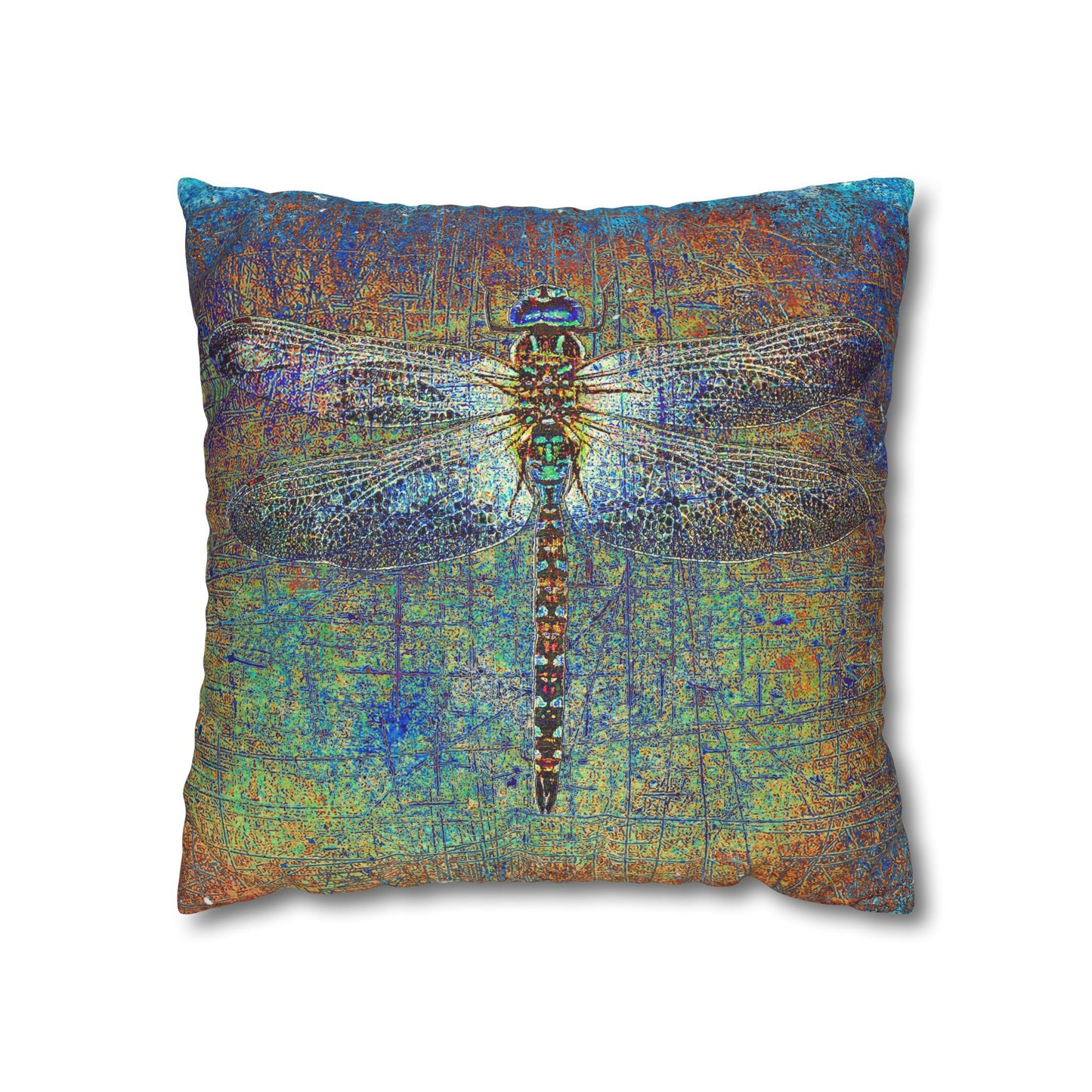 Dragonfly Print Square Pillow Cover, Dragonfly on Multicolor Background Replacement Cover