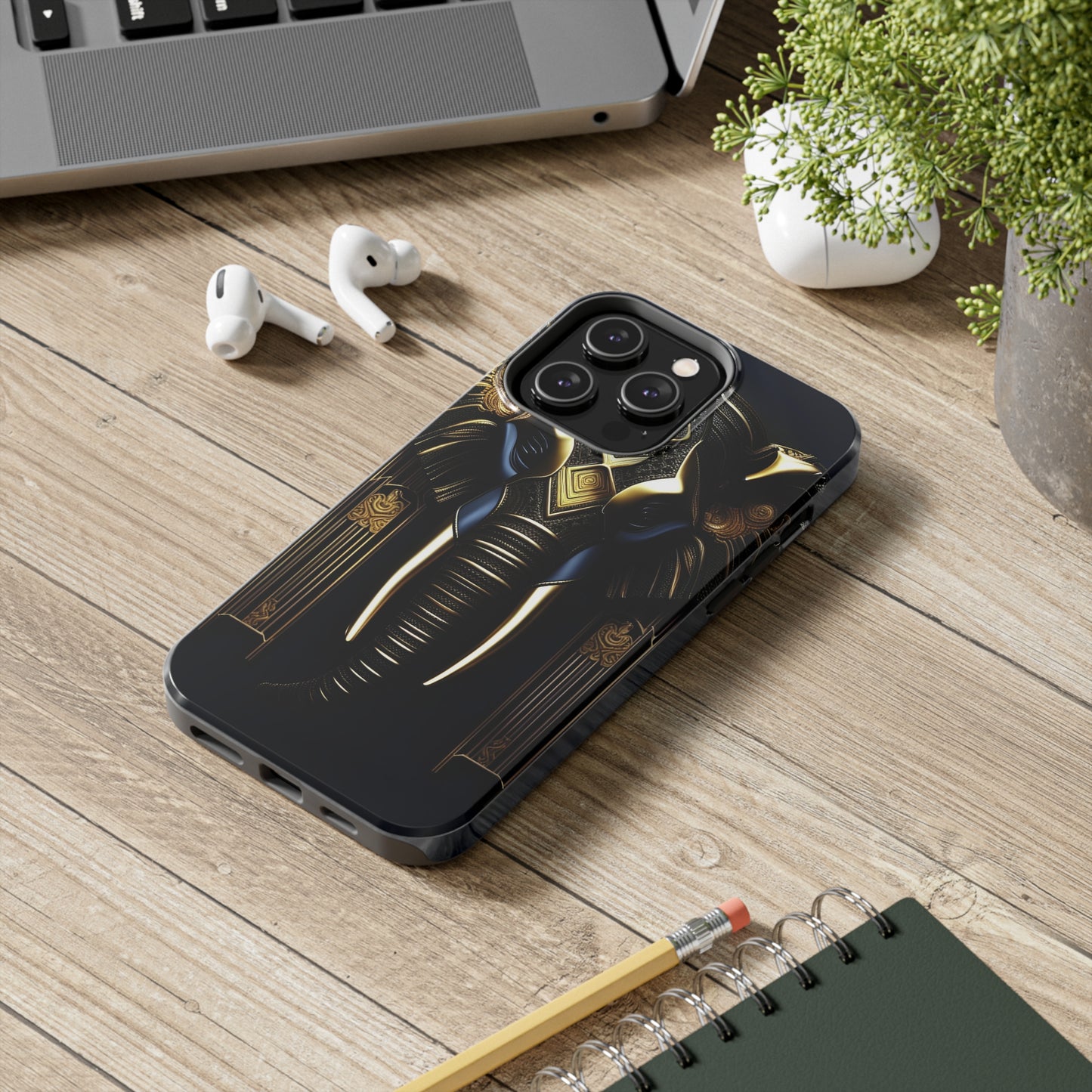 Art Deco Elephant Tough Phone Case for iPhone - Blue and Gold Elephant Head Art Deco Style Printed on Phone Case for iPhone 14