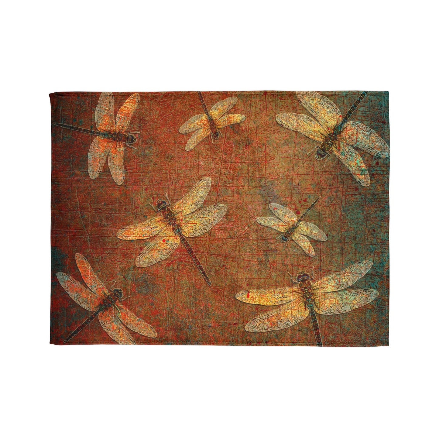 Dragonfly Minky Blanket: Flight of Dragonflies on Distressed Orange and Green Background
